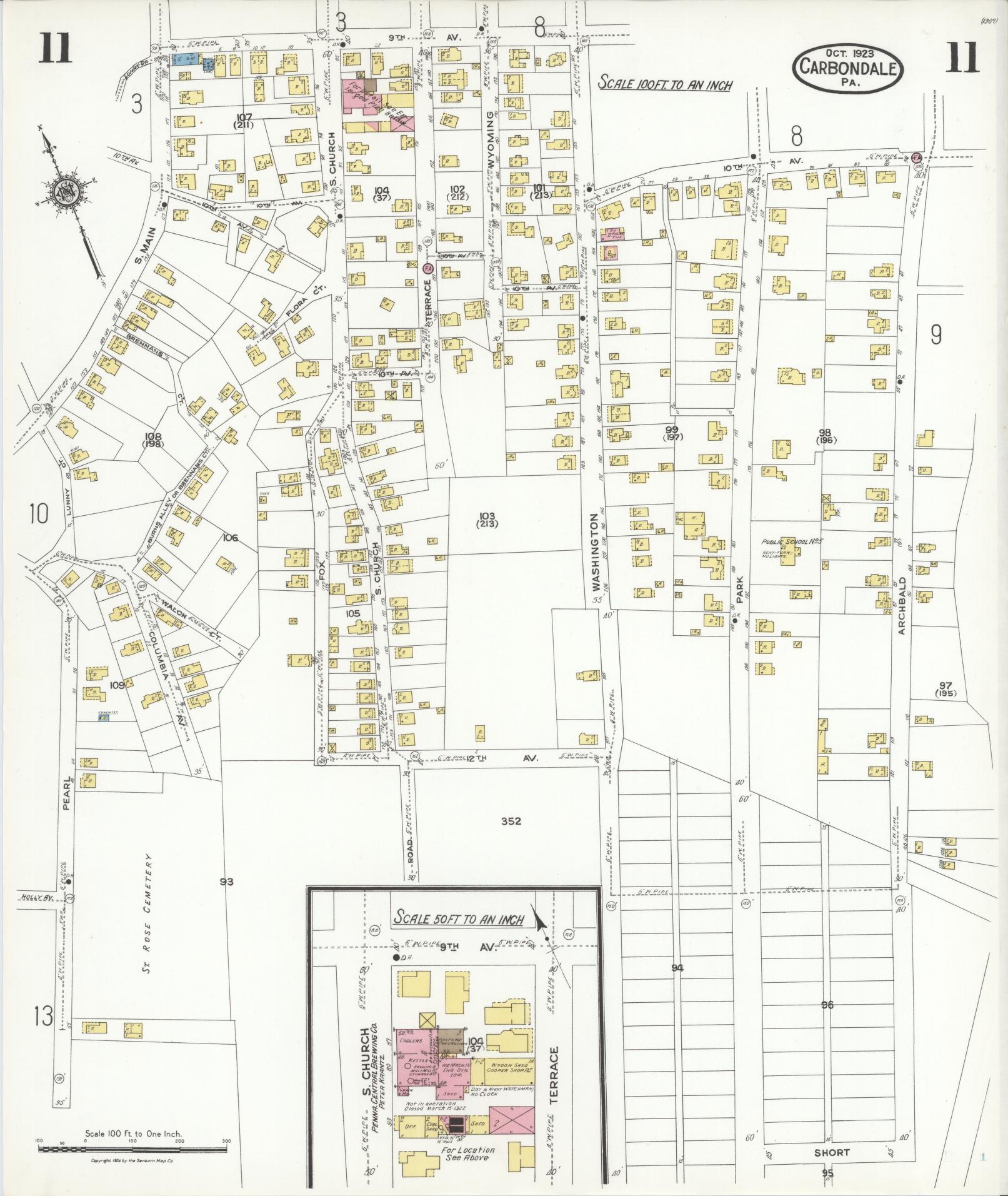 Sanborn Fire Insurance Map from Carbondale, Lackawanna County, Pennsylvania (1923), Sheet #0011 - Historic Sanborn Fire Insurance Map Print, vintage old map wall art, antique decor, genealogy gift, Pennsylvania Pennsylvania map