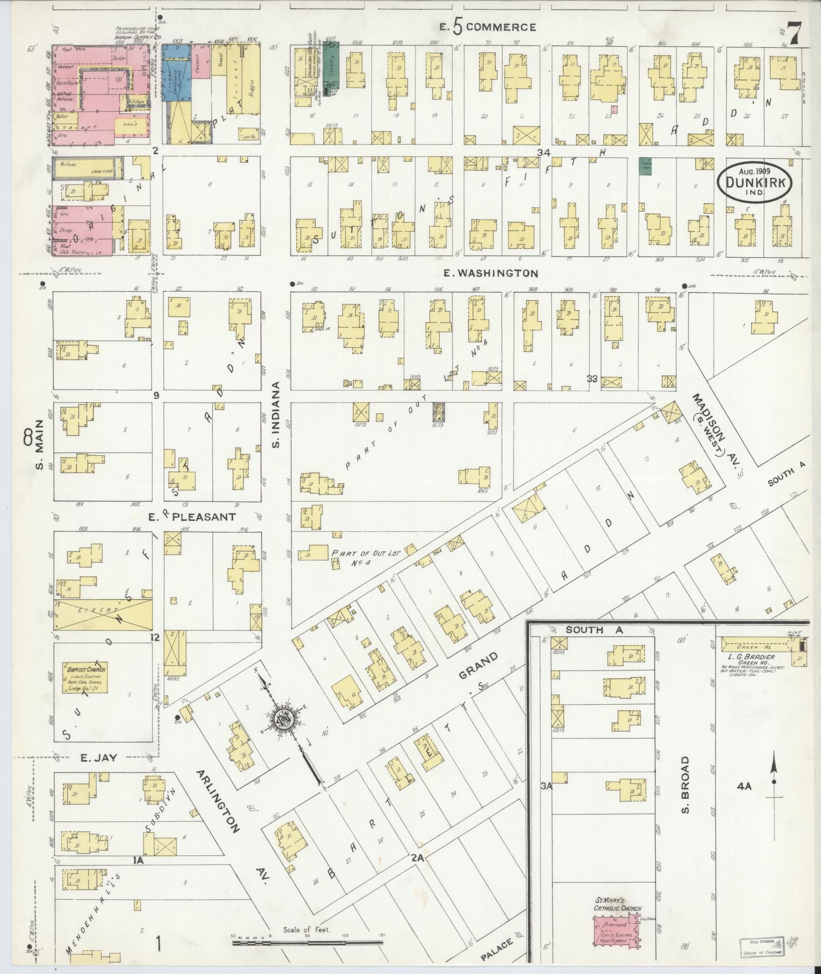 Sanborn Fire Insurance Map from Dunkirk, Jay And Blackford Counties, Indiana (1909), Sheet #0007 - Complete Map Set gallery image, historic Sanborn map, vintage wall art, Indiana Indiana