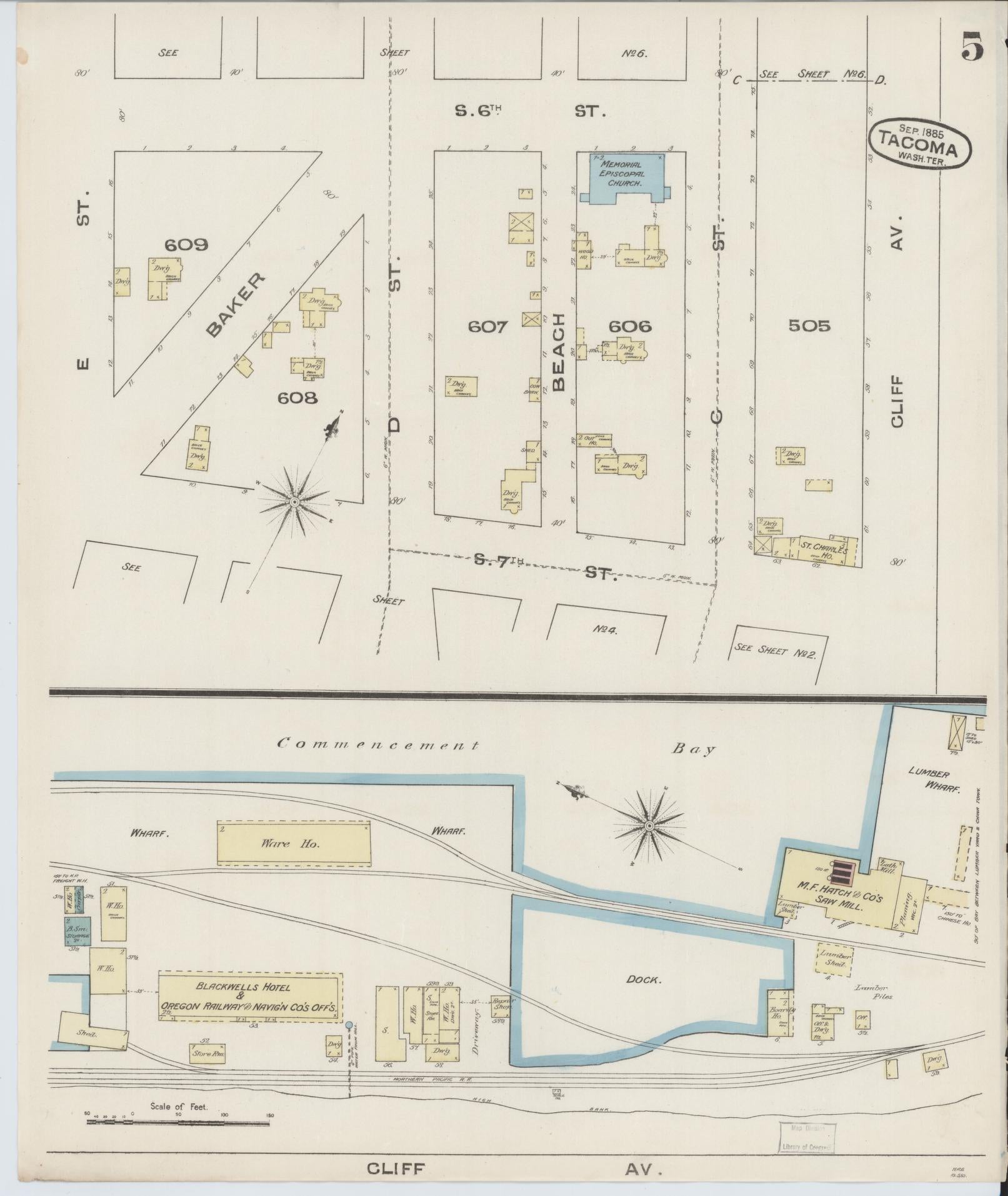 Sanborn Fire Insurance Map from Tacoma, Pierce County, Washington (1885), Sheet #0005 - Complete Map Set gallery image, historic Sanborn map, vintage wall art, Washington Washington