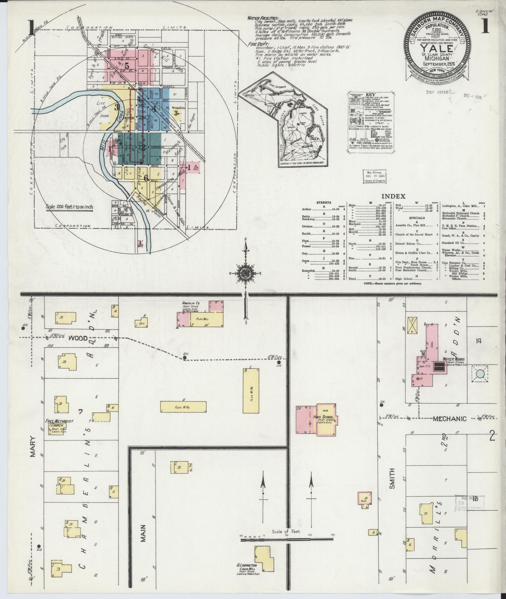 Sanborn Fire Insurance Map from Yale, Saint Clair County, Michigan (1924), Sheet #0001 - Historic Sanborn Fire Insurance Map Print, vintage old map wall art, antique decor, genealogy gift, Michigan Michigan map