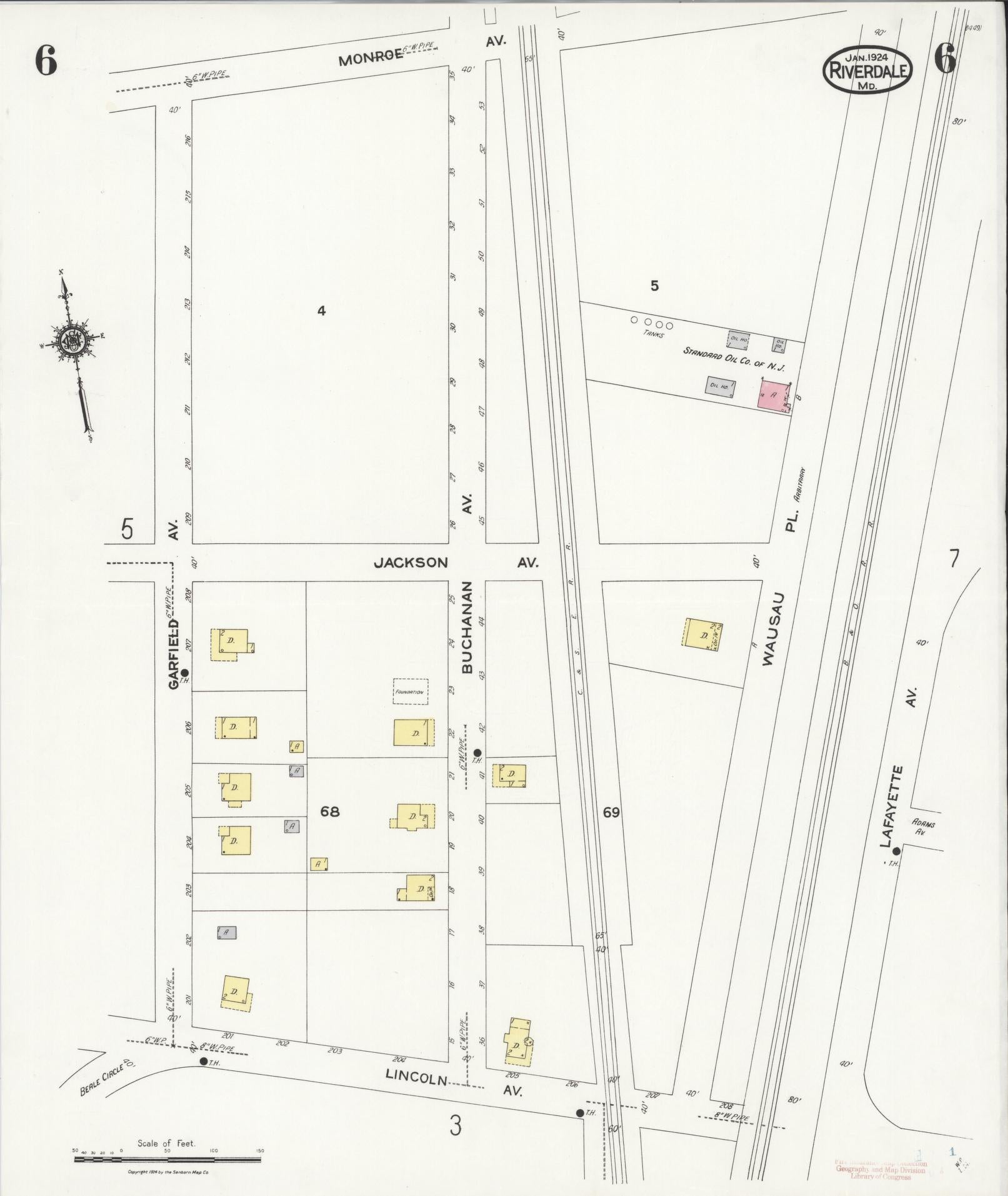 Sanborn Fire Insurance Map from Riverdale, Prince Georges County, Maryland (1924), Sheet #0006 - Historic Sanborn Fire Insurance Map Print, vintage old map wall art