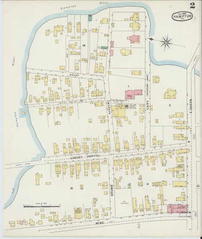 Sanborn Fire Insurance Map from Hampton, Independent Cities, Virginia (1895), Sheet #0002 - Complete Map Set gallery image, historic Sanborn map, vintage wall art, Virginia Virginia