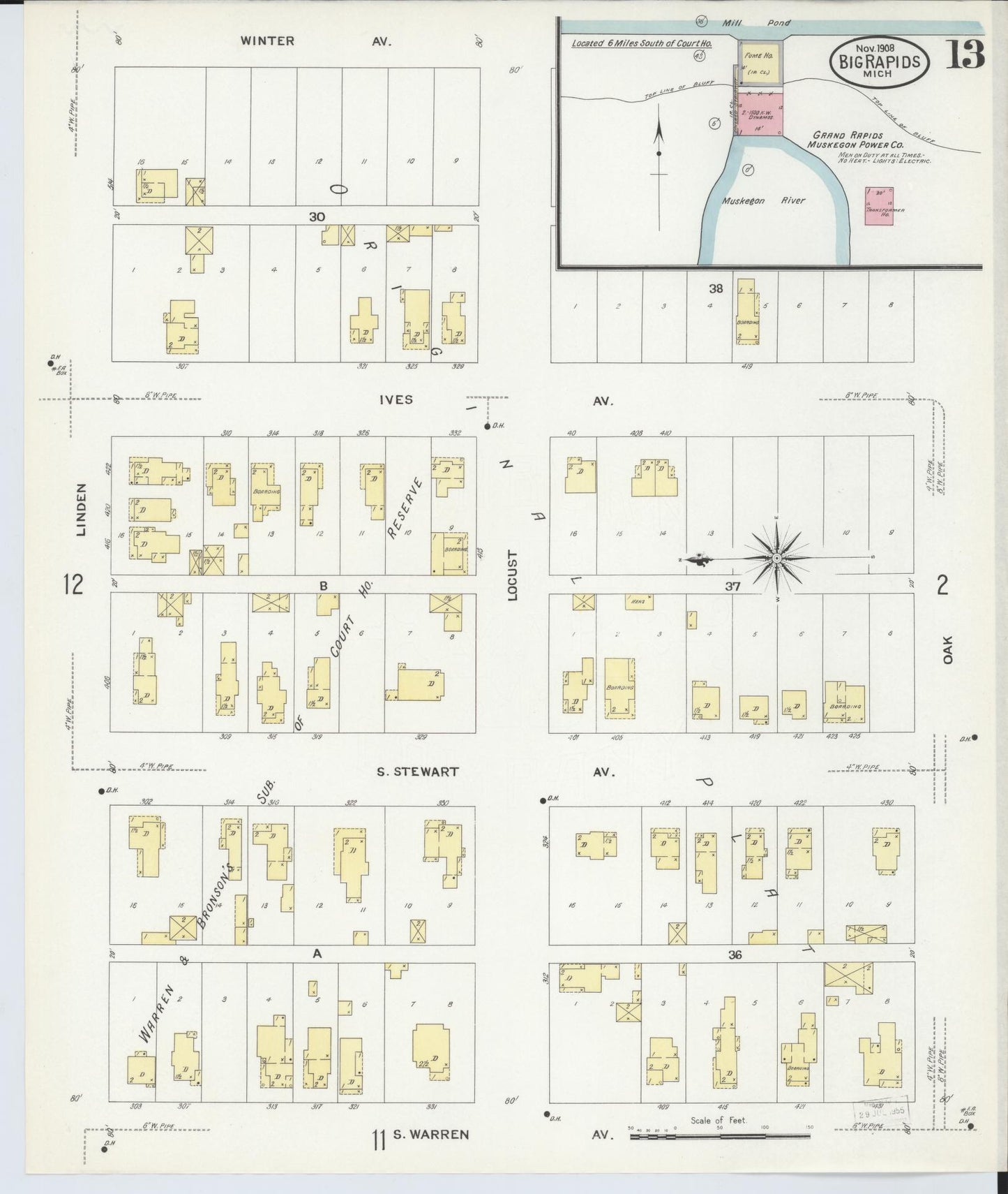 Sanborn Fire Insurance Map from Big Rapids, Mecosta County, Michigan (1908), Sheet #0013 - Complete Map Set gallery image, historic Sanborn map, vintage wall art, Michigan Michigan