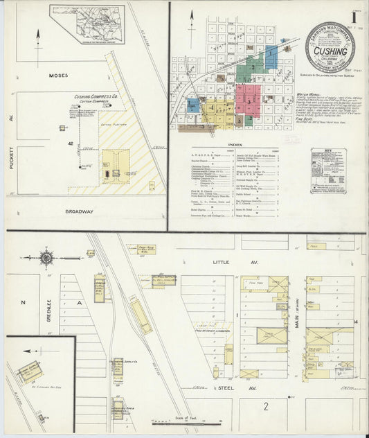 Sanborn Fire Insurance Map from Cushing, Payne County, Oklahoma (1913), Sheet #0001 - Historic Sanborn Fire Insurance Map Print, vintage old map wall art, antique decor, genealogy gift, Oklahoma Oklahoma map