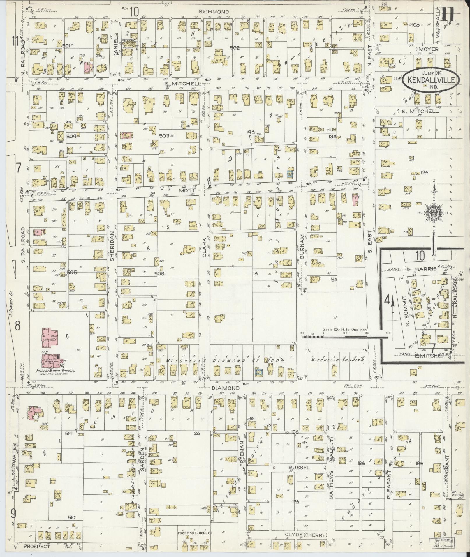 Sanborn Fire Insurance Map from Kendallville, Noble County, Indiana (1914), Sheet #0011 - Historic Sanborn Fire Insurance Map Print, vintage old map wall art, antique decor, genealogy gift, Indiana Indiana map