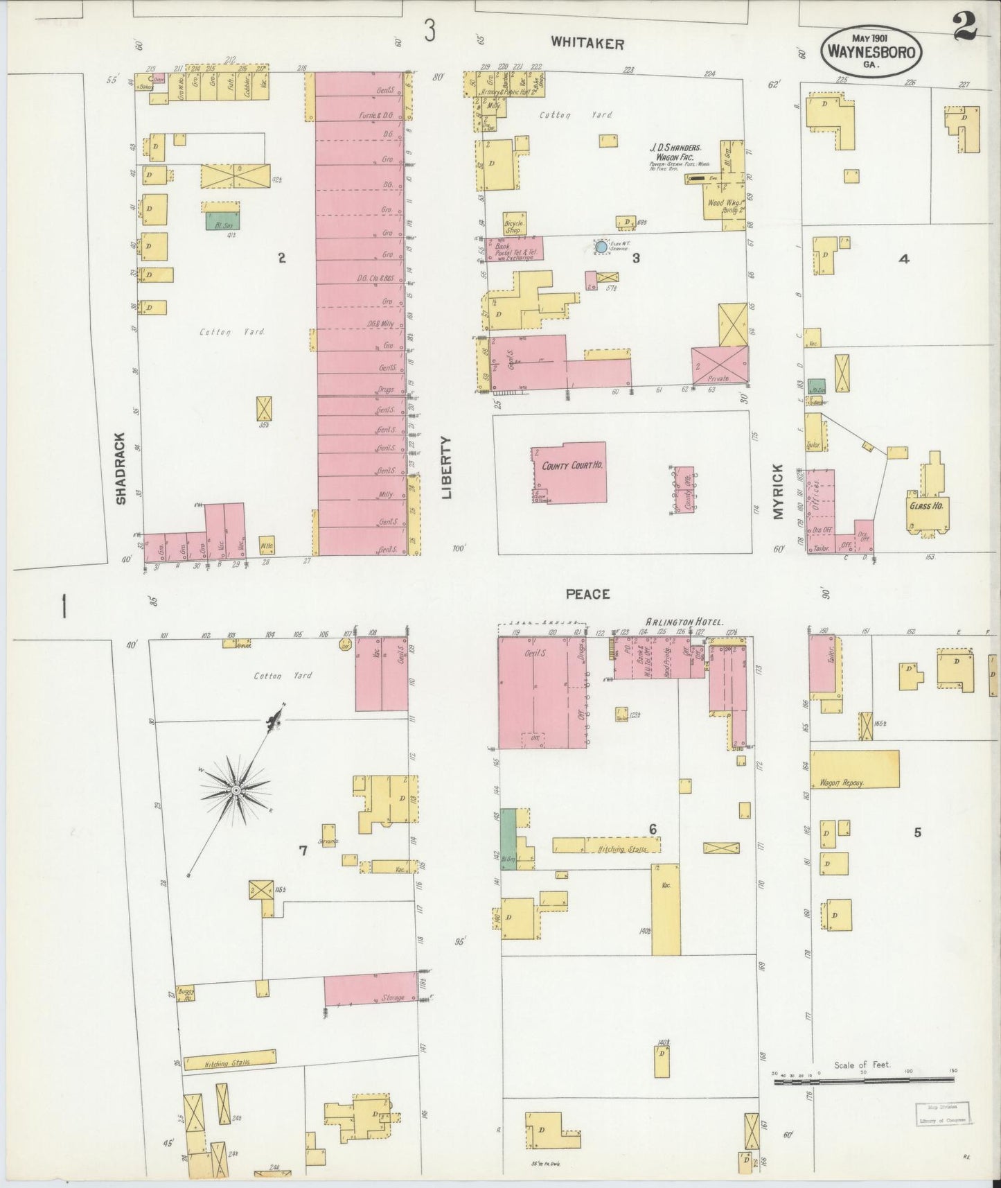 Sanborn Fire Insurance Map from Waynesboro, Burke County, Georgia (1901), Sheet #0002 - Historic Sanborn Fire Insurance Map Print, vintage old map wall art, antique decor, genealogy gift, Georgia Georgia map