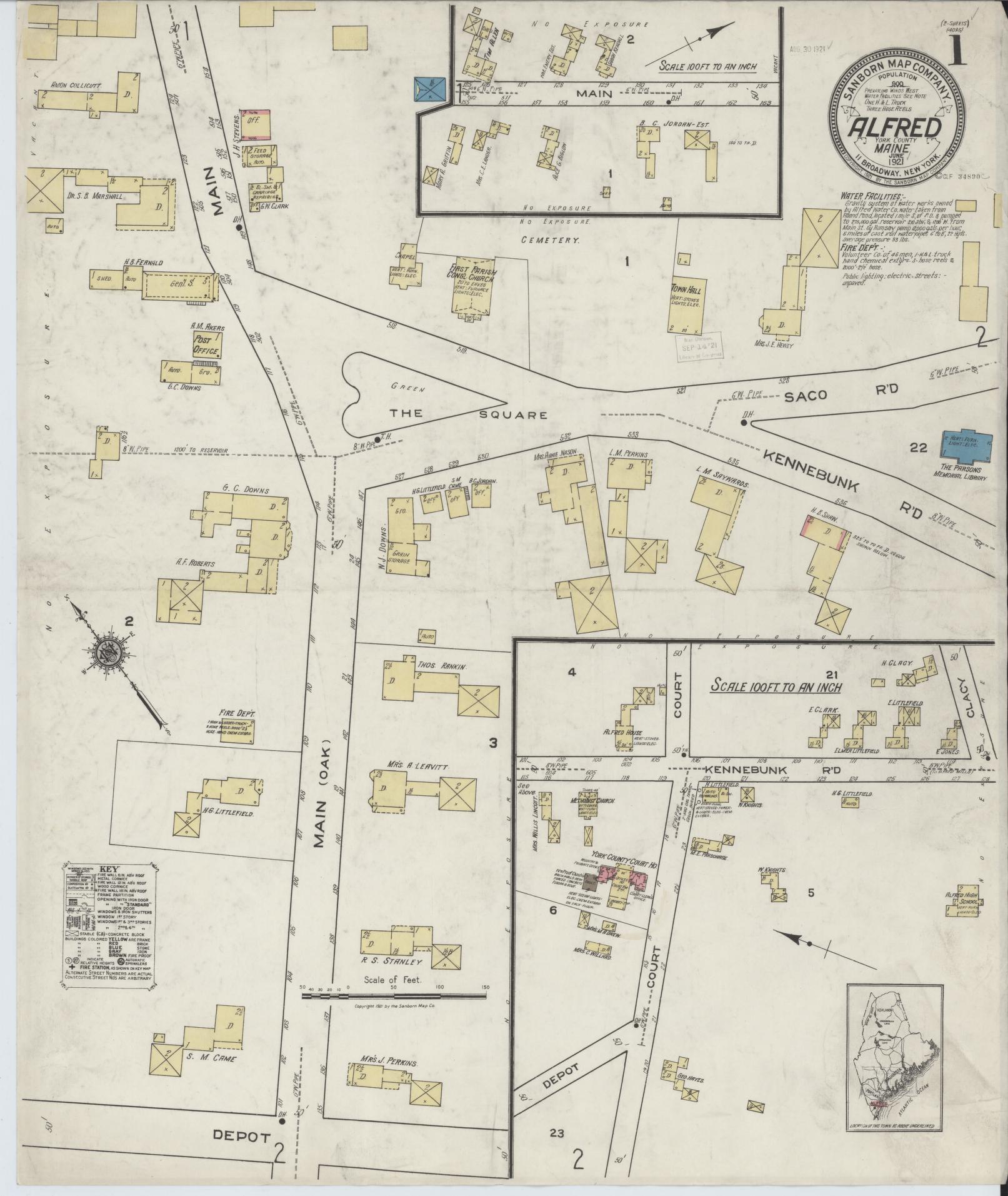 Sanborn Fire Insurance Map from Alfred, York County, Maine (1921), Sheet #0001 - Complete Map Set gallery image, historic Sanborn map, vintage wall art, Maine Maine