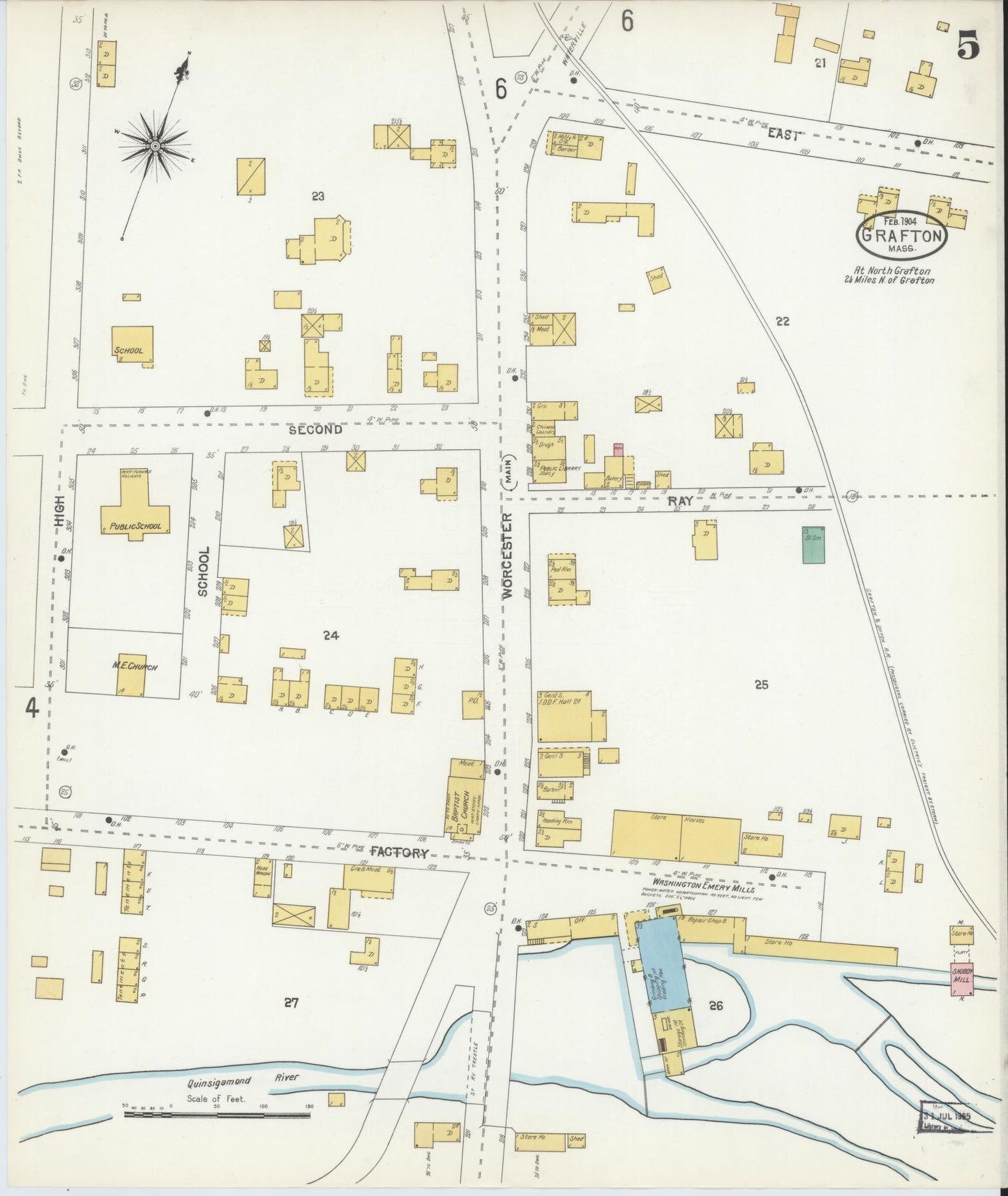 Sanborn Fire Insurance Map from Grafton, Worcester County, Massachusetts (1904), Sheet #0005 - Historic Sanborn Fire Insurance Map Print, vintage old map wall art, antique decor, genealogy gift, Massachusetts Massachusetts map