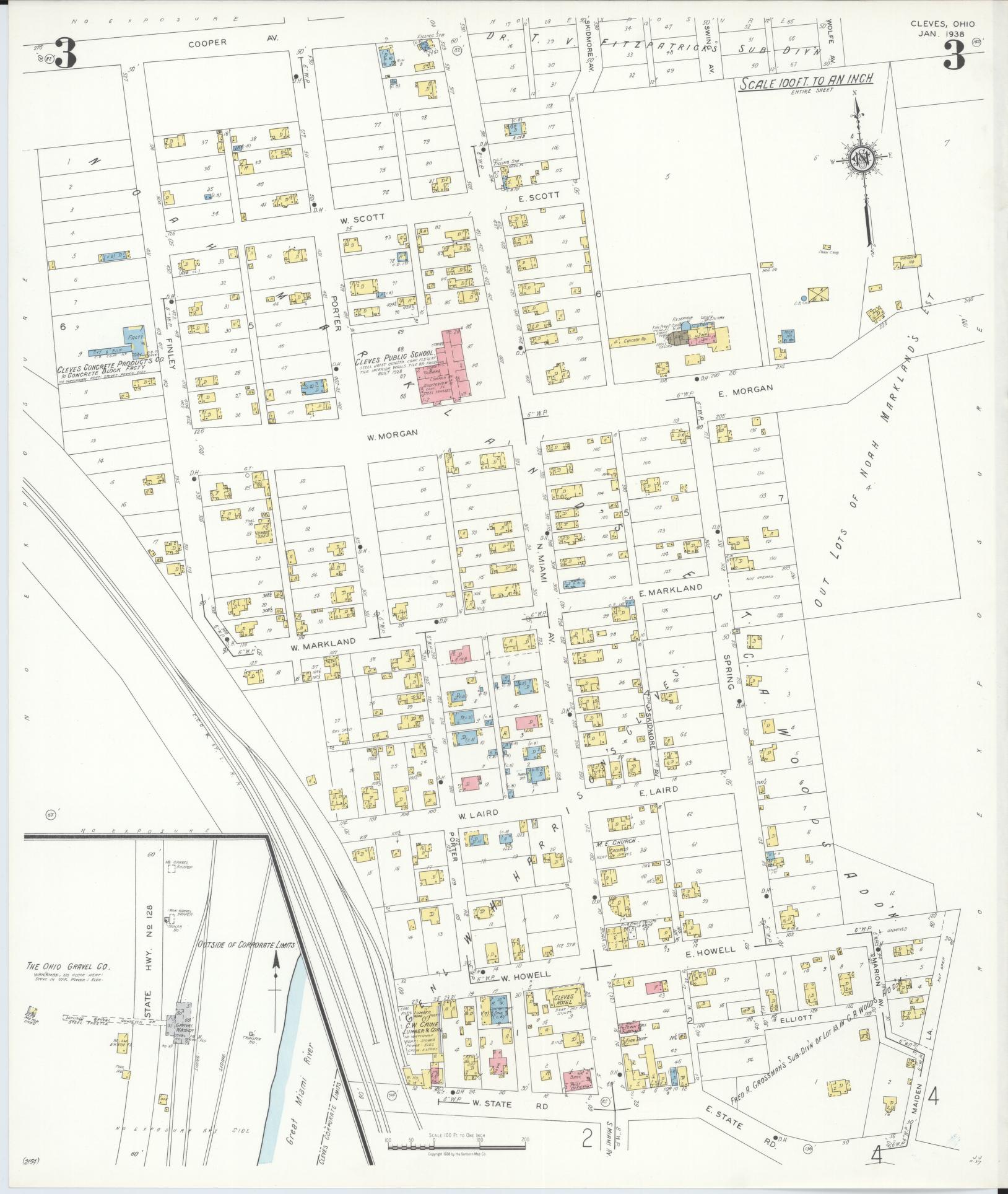 Sanborn Fire Insurance Map from Cleves, Hamilton County, Ohio (1938), Sheet #0003 - Complete Map Set gallery image, historic Sanborn map, vintage wall art, Ohio Ohio