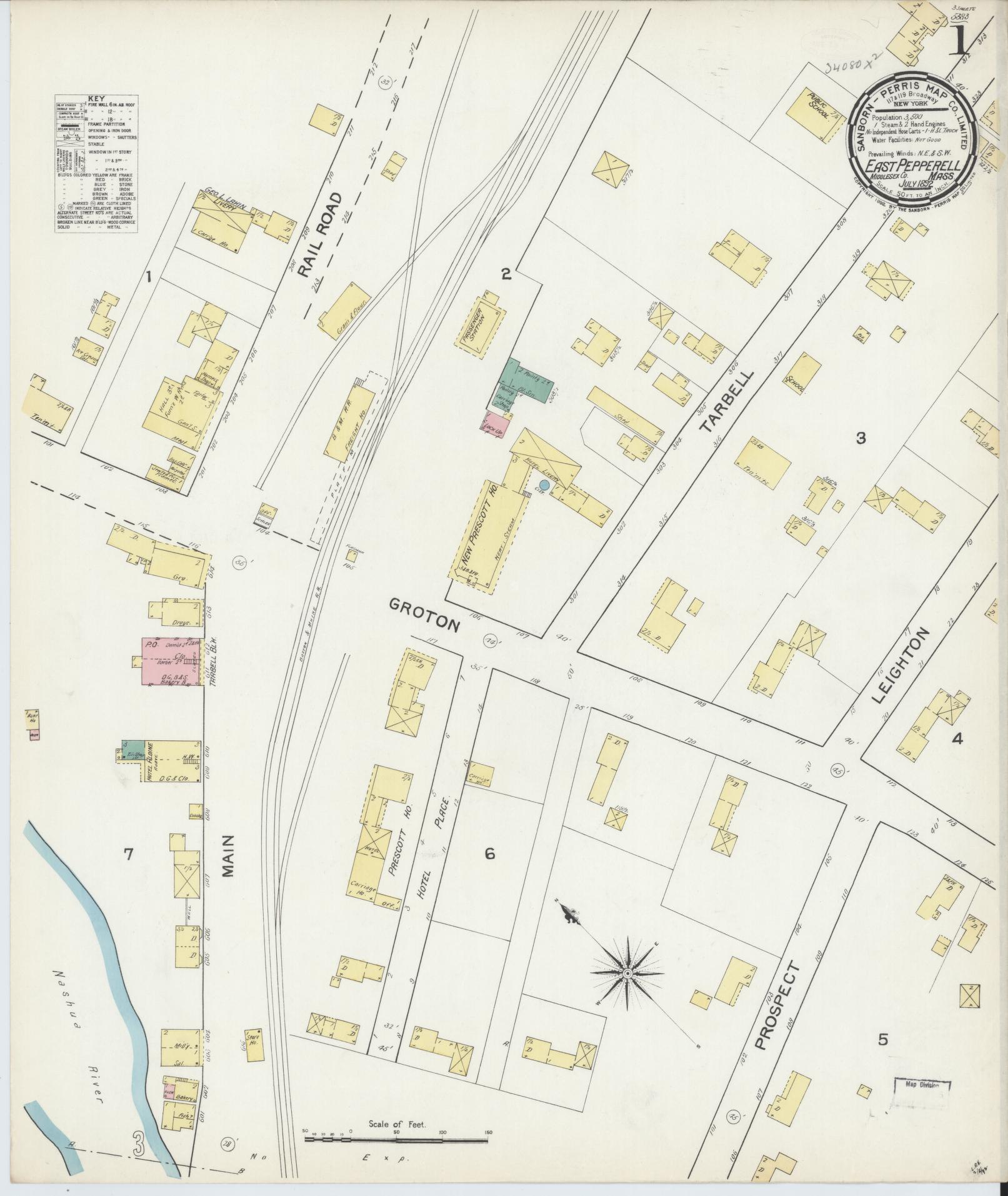 Sanborn Fire Insurance Map from East Pepperell, Middlesex County, Massachusetts (1892), Sheet #0001 - Historic Sanborn Fire Insurance Map Print, vintage old map wall art, antique decor, genealogy gift, Massachusetts Massachusetts map