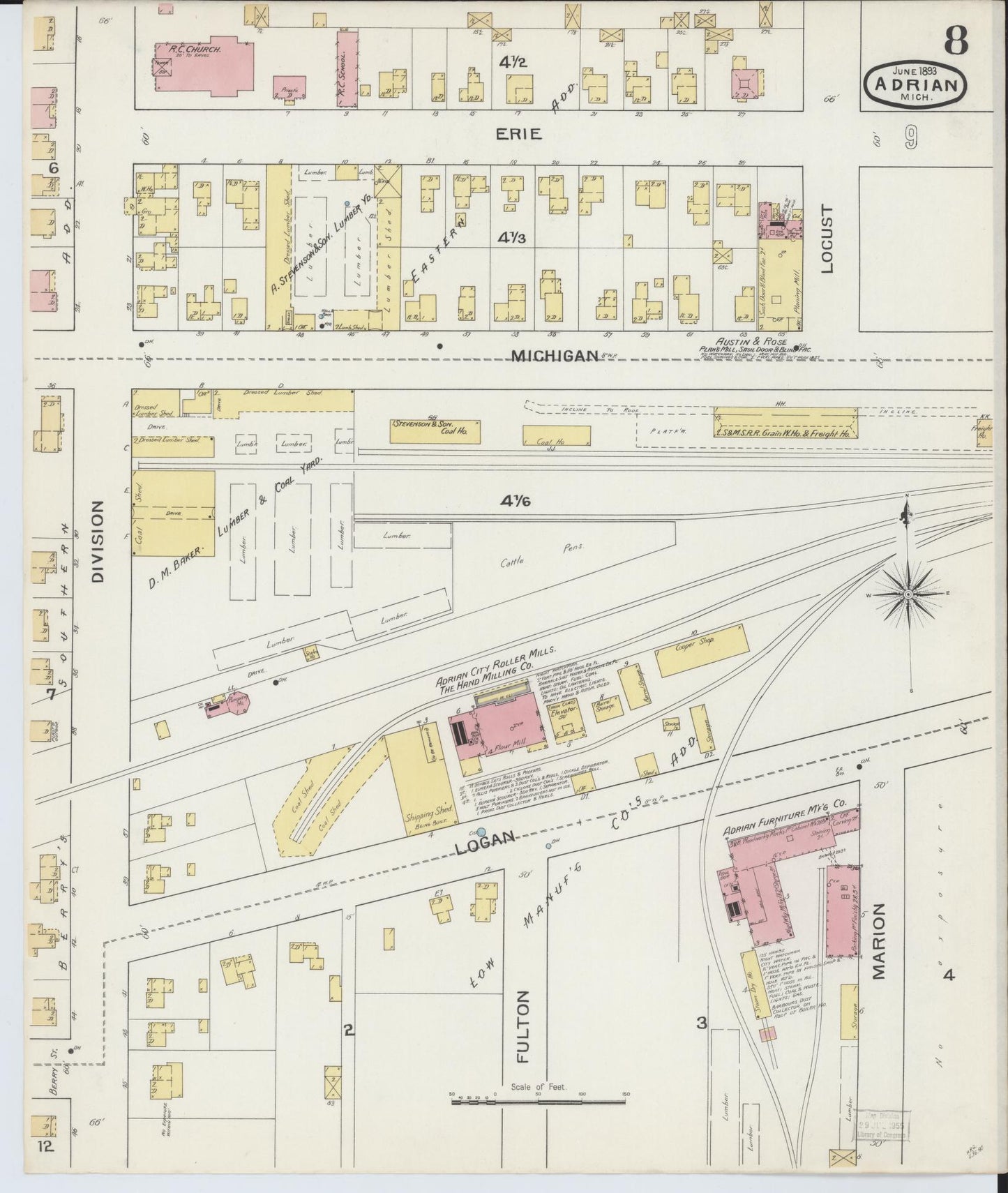 Sanborn Fire Insurance Map from Adrian, Lenawee County, Michigan (1893), Sheet #0008 - Historic Sanborn Fire Insurance Map Print, vintage old map wall art, antique decor, genealogy gift, Michigan Michigan map