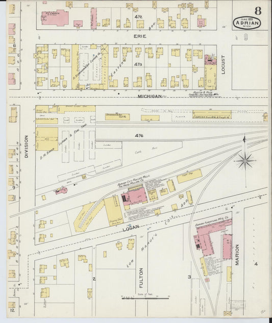 Sanborn Fire Insurance Map from Adrian, Lenawee County, Michigan (1893), Sheet #0008 - Historic Sanborn Fire Insurance Map Print, vintage old map wall art, antique decor, genealogy gift, Michigan Michigan map
