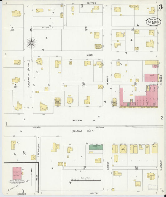 Sanborn Fire Insurance Map from Atkins, Pope County, Arkansas (1908), Sheet #0003 - Historic Sanborn Fire Insurance Map Print, vintage old map wall art, antique decor, genealogy gift, Arkansas Arkansas map