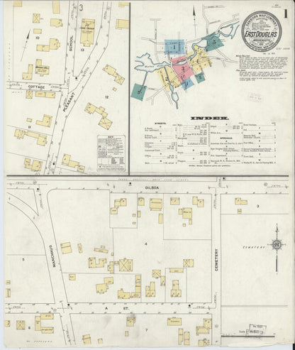 Sanborn Fire Insurance Map from East Douglas, Worcester County, Massachusetts (1911), Sheet #0001 - Historic Sanborn Fire Insurance Map Print, vintage old map wall art, antique decor, genealogy gift, Massachusetts Massachusetts map