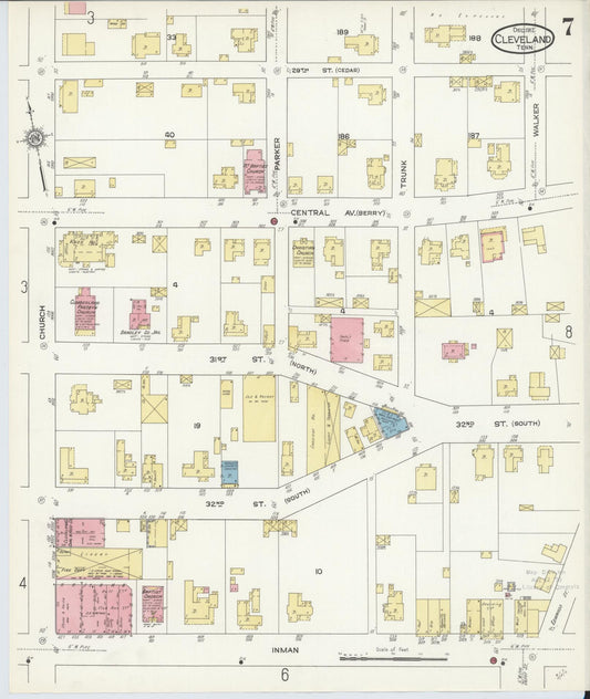 Sanborn Fire Insurance Map from Cleveland, Bradley County, Tennessee (1912), Sheet #0007 - Historic Sanborn Fire Insurance Map Print, vintage old map wall art, antique decor, genealogy gift, Tennessee Tennessee map
