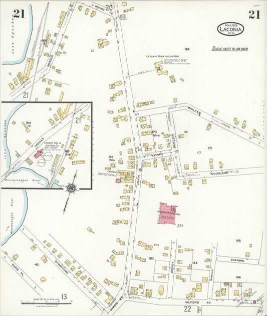 Sanborn Fire Insurance Map from Laconia, Belknap County, New Hampshire (1923), Sheet #0021 - Historic Sanborn Fire Insurance Map Print, vintage old map wall art, antique decor, genealogy gift, New Hampshire New Hampshire map