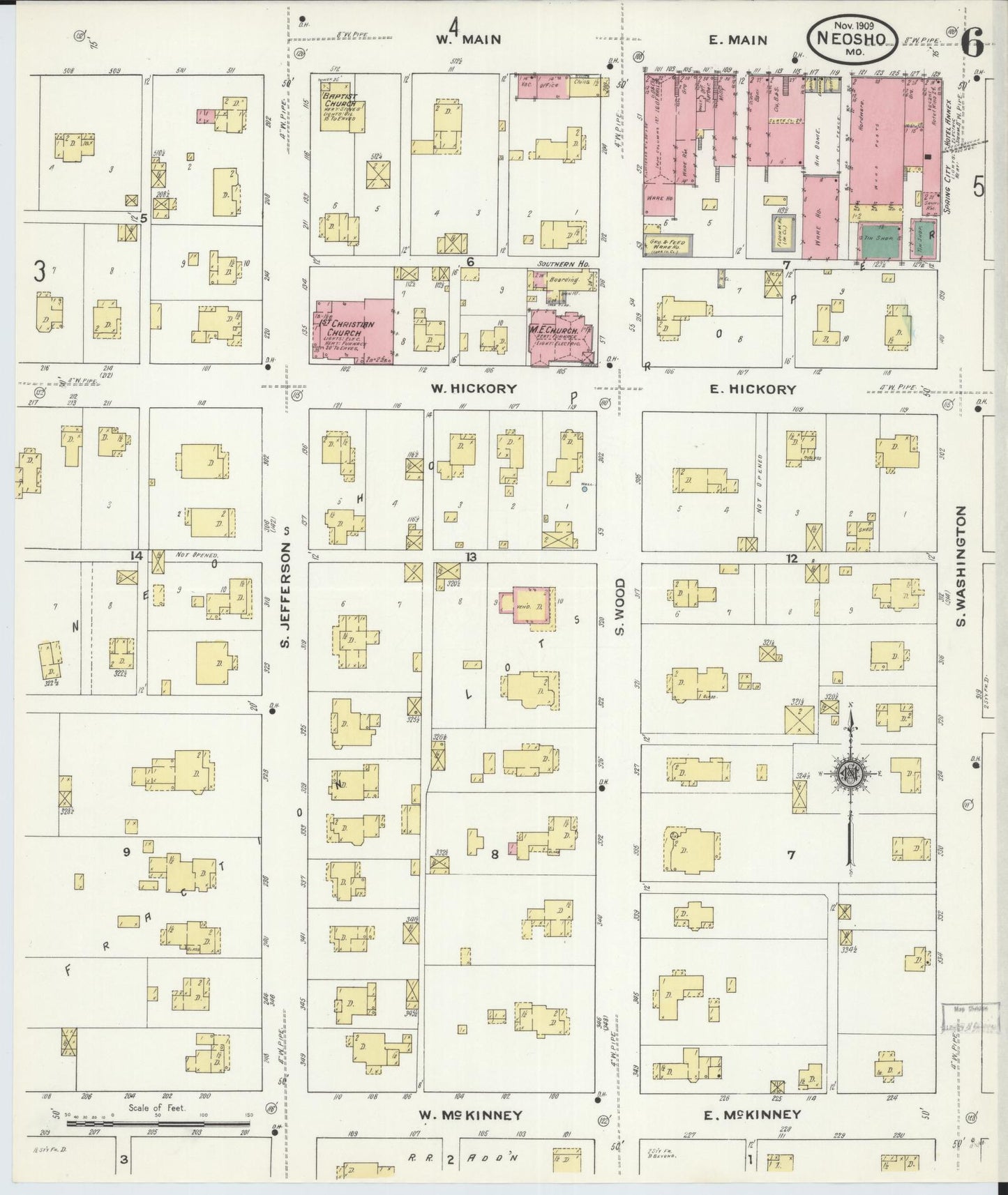 Sanborn Fire Insurance Map from Neosho, Newton County, Missouri (1909), Sheet #0006 - Historic Sanborn Fire Insurance Map Print, vintage old map wall art, antique decor, genealogy gift, Missouri Missouri map