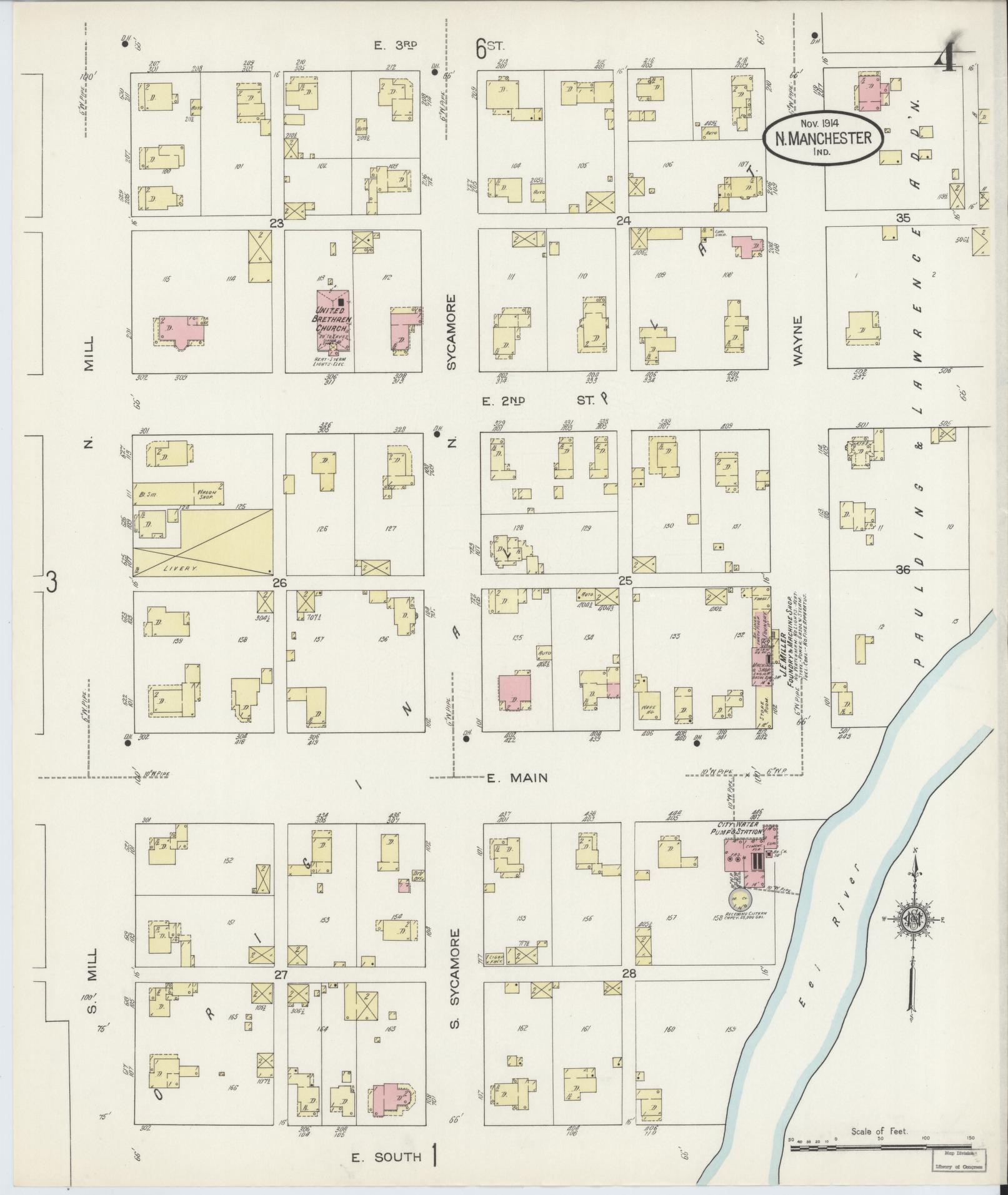 Sanborn Fire Insurance Map from North Manchester, Wabash County, Indiana (1914), Sheet #0004 - Complete Map Set gallery image, historic Sanborn map, vintage wall art, Indiana Indiana