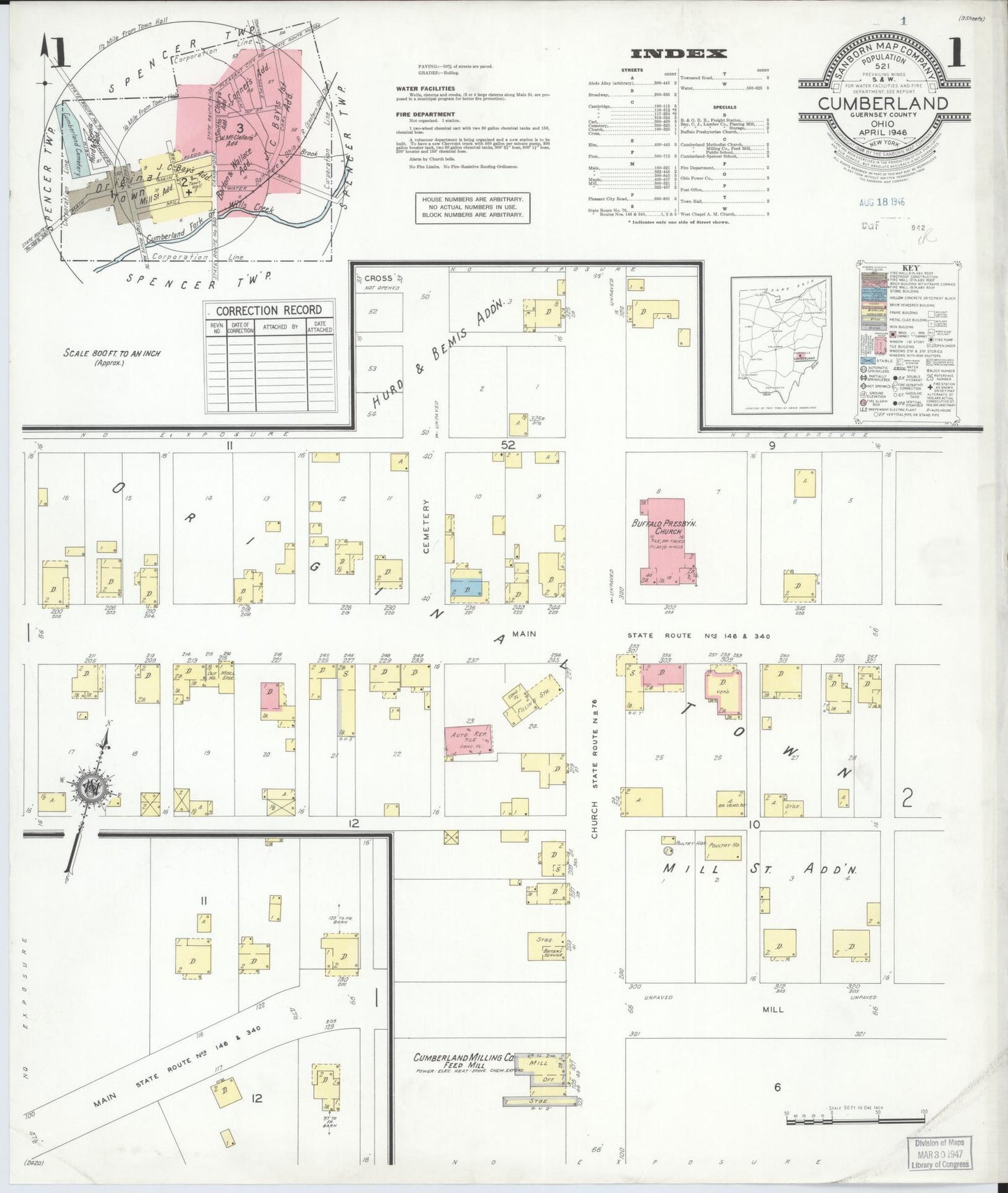 Sanborn Fire Insurance Map from Cumberland, Guernsey County, Ohio (1946), Sheet #0001 - Historic Sanborn Fire Insurance Map Print, vintage old map wall art, antique decor, genealogy gift, Ohio Ohio map