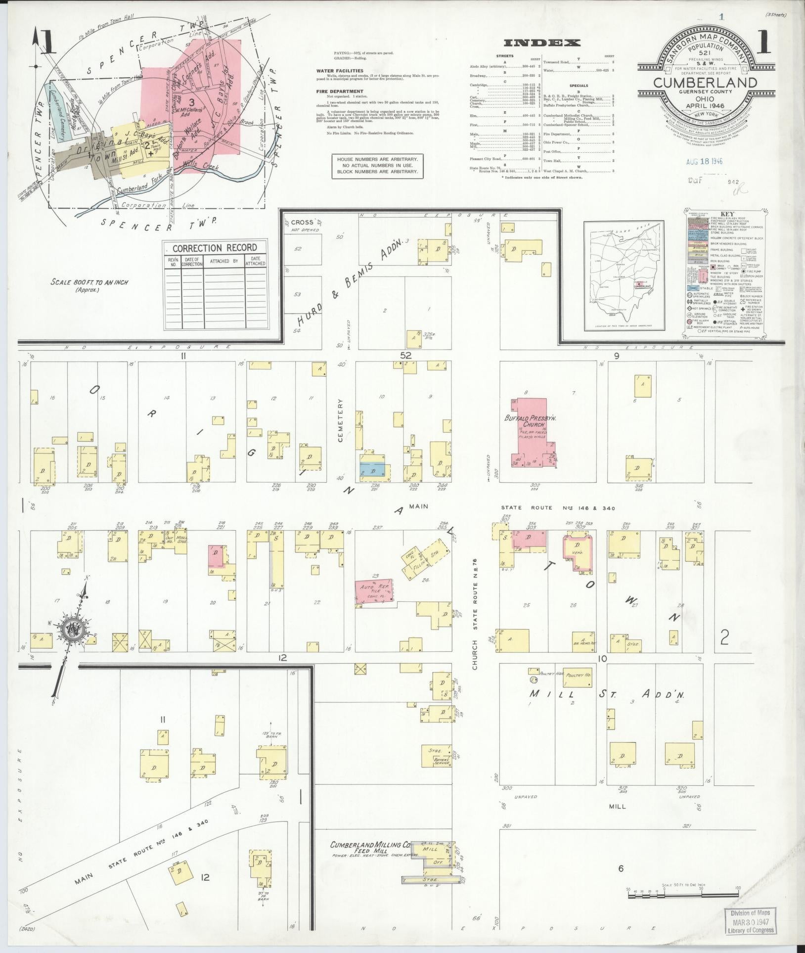 Sanborn Fire Insurance Map from Cumberland, Guernsey County, Ohio (1946), Sheet #0001 - Historic Sanborn Fire Insurance Map Print, vintage old map wall art, antique decor, genealogy gift, Ohio Ohio map