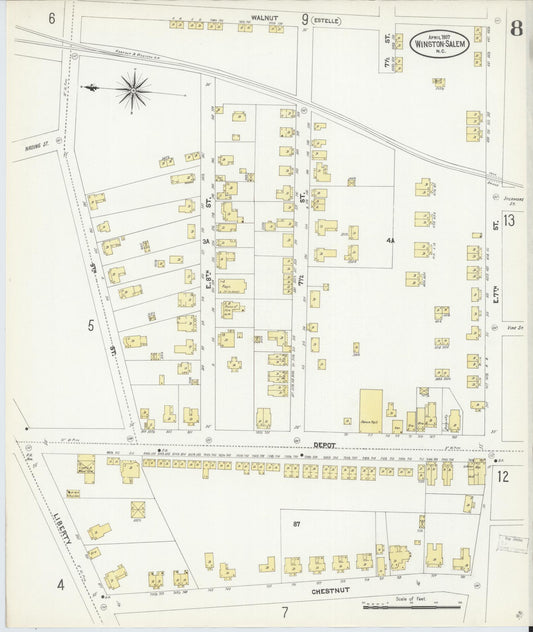 Sanborn Fire Insurance Map from Winston-Salem, Forsyth County, North Carolina (1907), Sheet #0008 - Historic Sanborn Fire Insurance Map Print, vintage old map wall art, antique decor, genealogy gift, North Carolina North Carolina map