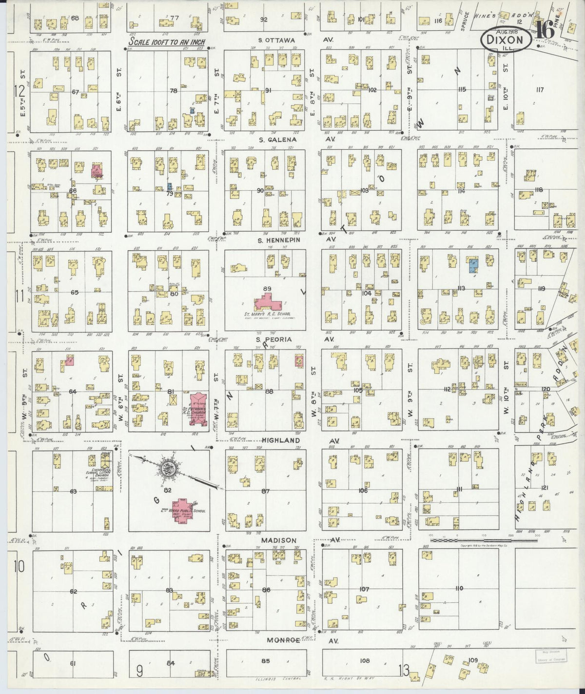 Sanborn Fire Insurance Map from Dixon, Lee County, Illinois (1918), Sheet #0016 - Complete Map Set gallery image, historic Sanborn map, vintage wall art, Illinois Illinois