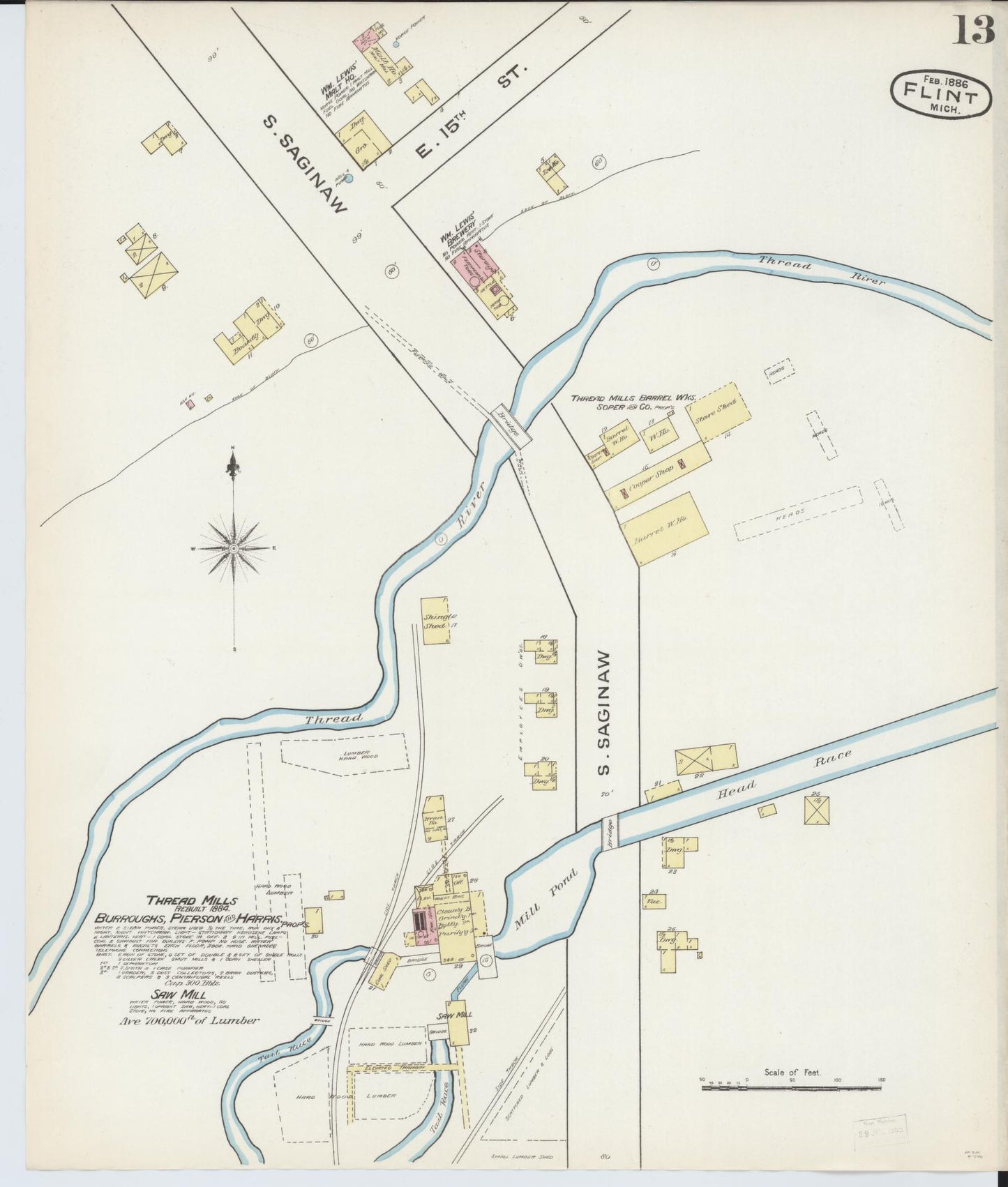 Sanborn Fire Insurance Map from Flint, Genesee County, Michigan (1886), Sheet #0013 - Historic Sanborn Fire Insurance Map Print, vintage old map wall art, antique decor, genealogy gift, Michigan Michigan map