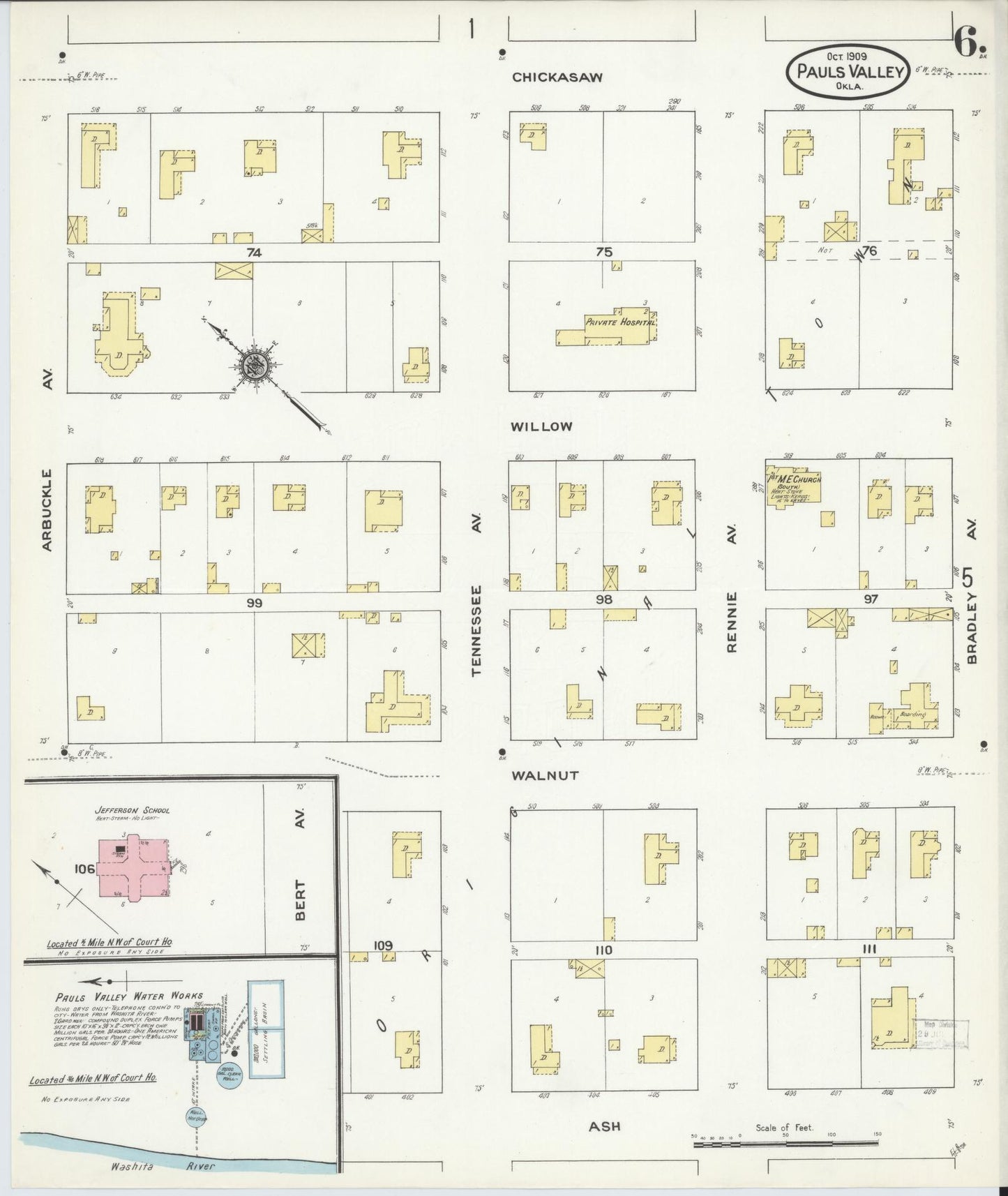 Sanborn Fire Insurance Map from Pauls Valley, Garvin County, Oklahoma (1909), Sheet #0006 - Historic Sanborn Fire Insurance Map Print, vintage old map wall art, antique decor, genealogy gift, Oklahoma Oklahoma map