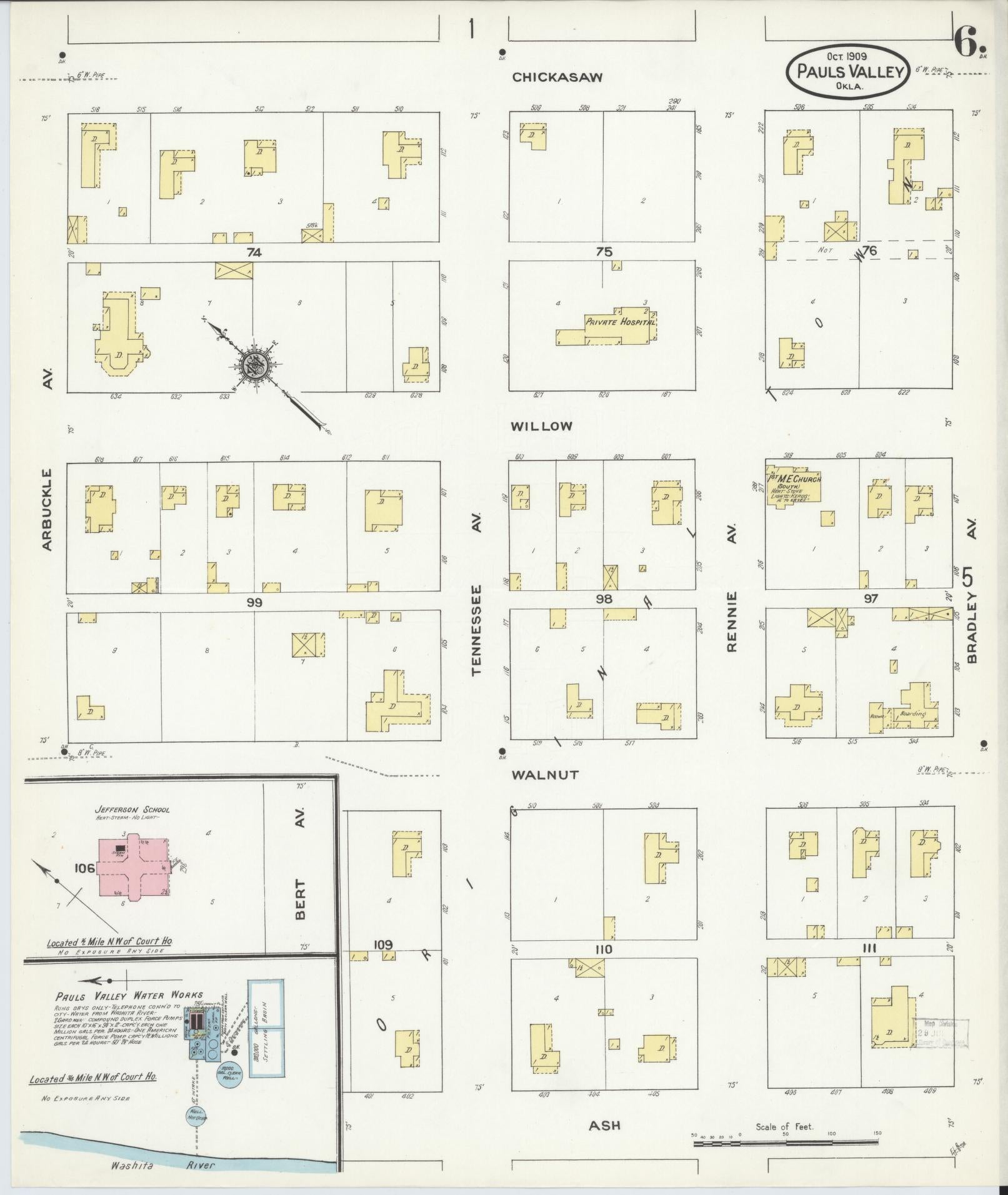 Sanborn Fire Insurance Map from Pauls Valley, Garvin County, Oklahoma (1909), Sheet #0006 - Historic Sanborn Fire Insurance Map Print, vintage old map wall art, antique decor, genealogy gift, Oklahoma Oklahoma map