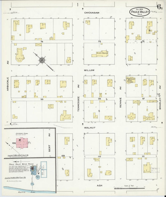 Sanborn Fire Insurance Map from Pauls Valley, Garvin County, Oklahoma (1909), Sheet #0006 - Historic Sanborn Fire Insurance Map Print, vintage old map wall art, antique decor, genealogy gift, Oklahoma Oklahoma map