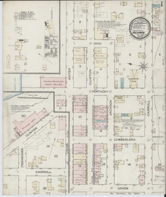 Sanborn Fire Insurance Map from Hickman, Fulton County, Kentucky (1886), Sheet #0001 - Complete Map Set gallery image, historic Sanborn map, vintage wall art, Kentucky Kentucky