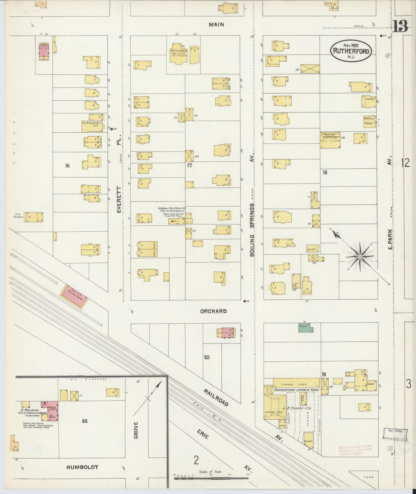 Sanborn Fire Insurance Map from Rutherford, Bergen County, New Jersey (1902), Sheet #0013 - Complete Map Set gallery image, historic Sanborn map, vintage wall art, New Jersey New Jersey