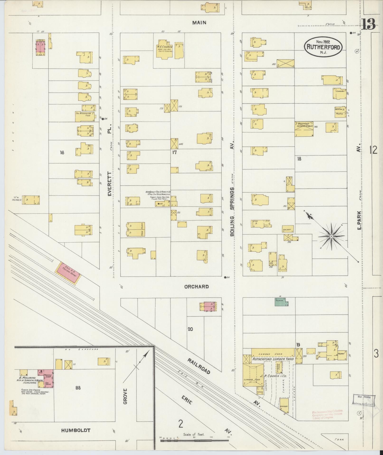 Sanborn Fire Insurance Map from Rutherford, Bergen County, New Jersey (1902), Sheet #0013 - Complete Map Set gallery image, historic Sanborn map, vintage wall art, New Jersey New Jersey