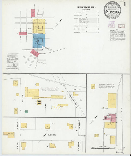 Sanborn Fire Insurance Map from Enterprise, Coffee County, Alabama (1905), Sheet #0001 - Historic Sanborn Fire Insurance Map Print, vintage old map wall art, antique decor, genealogy gift, Alabama Alabama map
