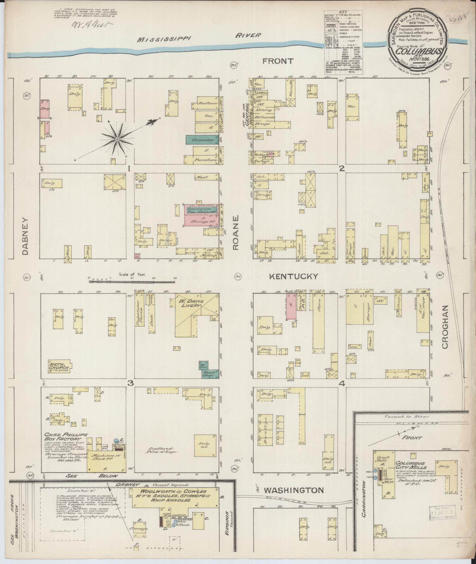 Sanborn Fire Insurance Map from Columbus, Hickman County, Kentucky (1886), Sheet #0001 - Historic Sanborn Fire Insurance Map Print, vintage old map wall art, antique decor, genealogy gift, Kentucky Kentucky map