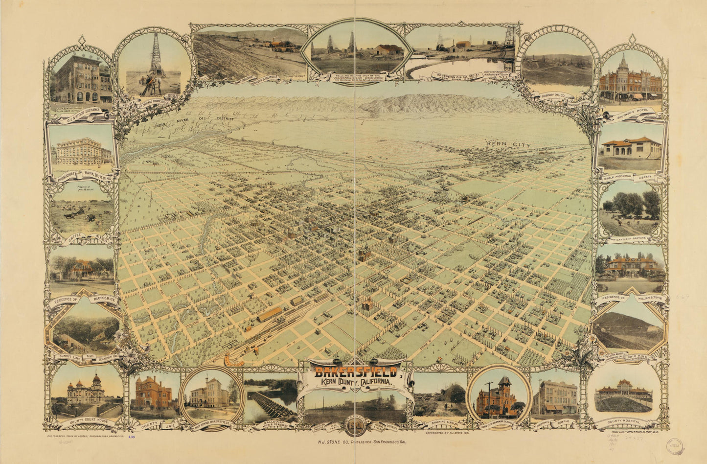 Bakersfield, Kern County, California, 1901. (1901) – Historic Bird’s-Eye View Panorama Print