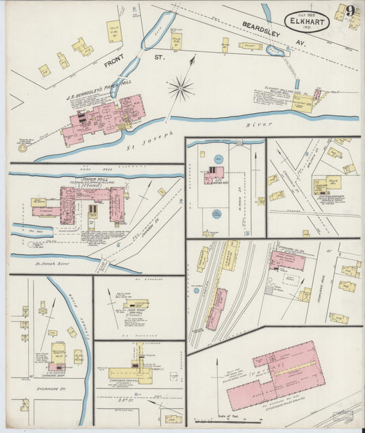 Sanborn Fire Insurance Map from Elkhart, Elkhart County, Indiana (1889), Sheet #0009 - Historic Sanborn Fire Insurance Map Print, vintage old map wall art, antique decor, genealogy gift, Indiana Indiana map