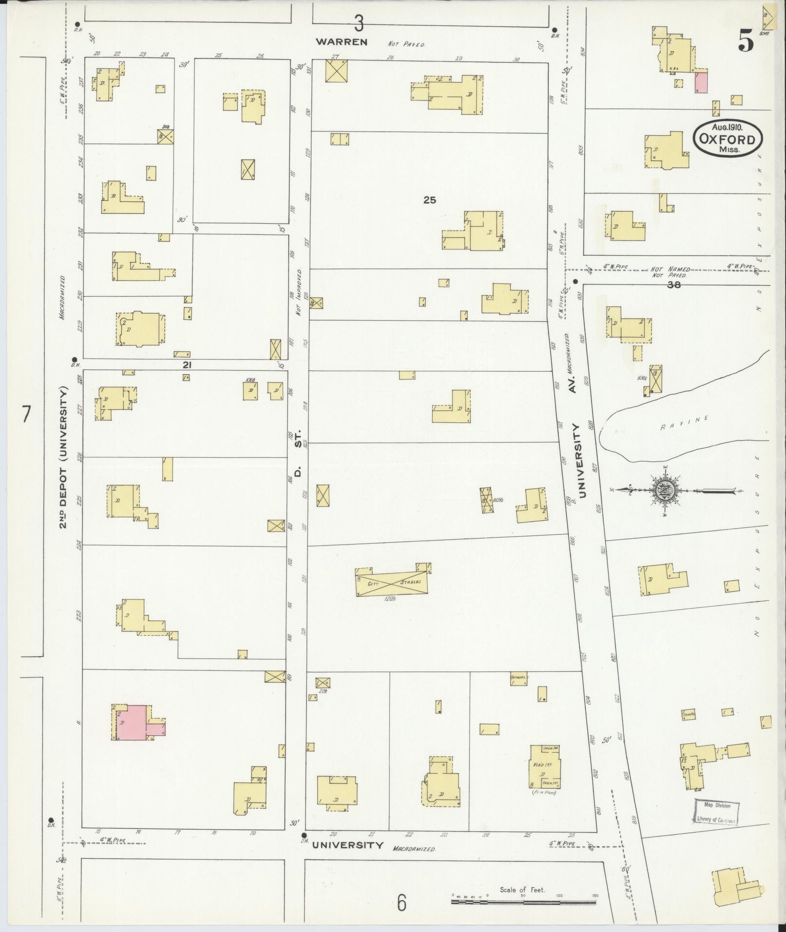 Sanborn Fire Insurance Map from Oxford, Lafayette County, Mississippi (1910), Sheet #0005 - Historic Sanborn Fire Insurance Map Print, vintage old map wall art, antique decor, genealogy gift, Mississippi Mississippi map