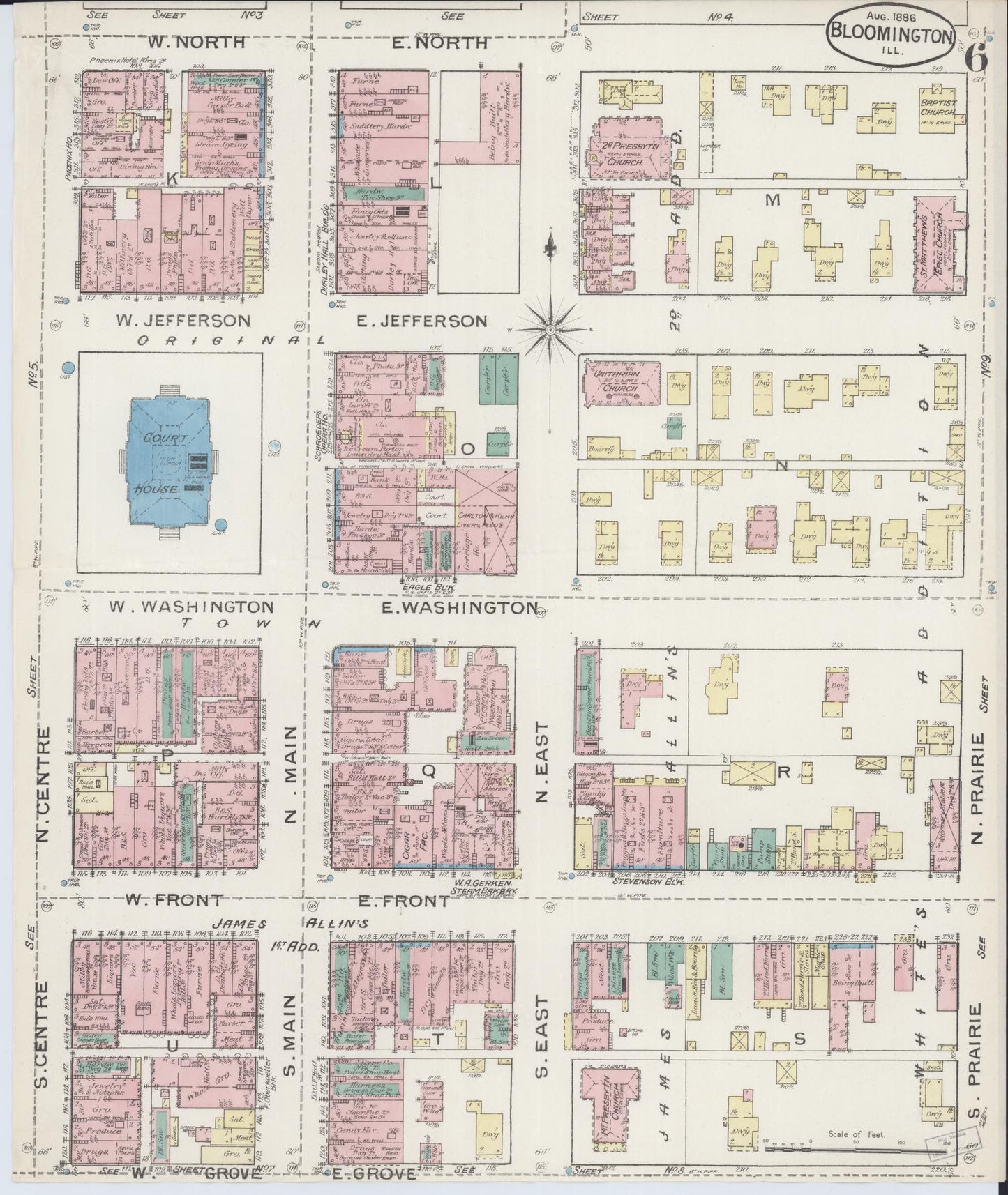 Sanborn Fire Insurance Map from Bloomington, McLean County, Illinois (1886), Sheet #0006 - Complete Map Set gallery image, historic Sanborn map, vintage wall art, Illinois Illinois