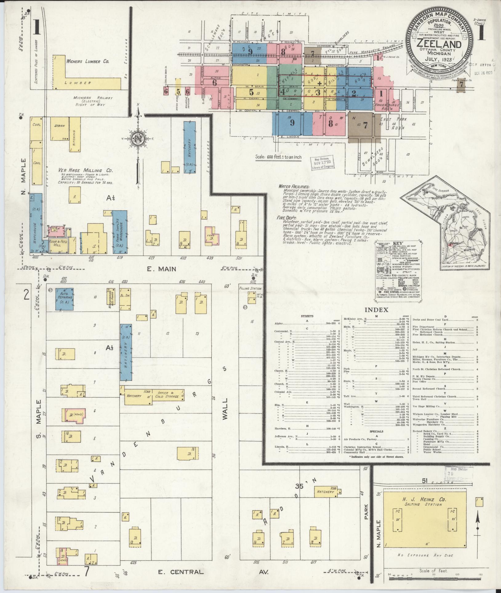 Sanborn Fire Insurance Map from Zeeland, Ottawa County, Michigan (1923), Sheet #0001 - Historic Sanborn Fire Insurance Map Print, vintage old map wall art, antique decor, genealogy gift, Michigan Michigan map