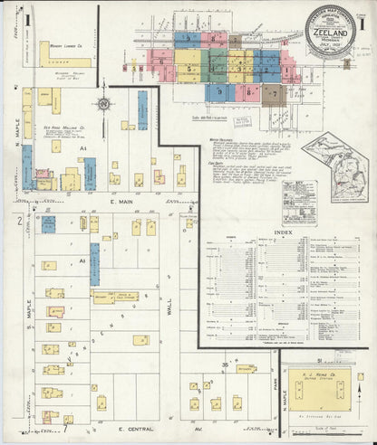 Sanborn Fire Insurance Map from Zeeland, Ottawa County, Michigan (1923), Sheet #0001 - Historic Sanborn Fire Insurance Map Print, vintage old map wall art, antique decor, genealogy gift, Michigan Michigan map