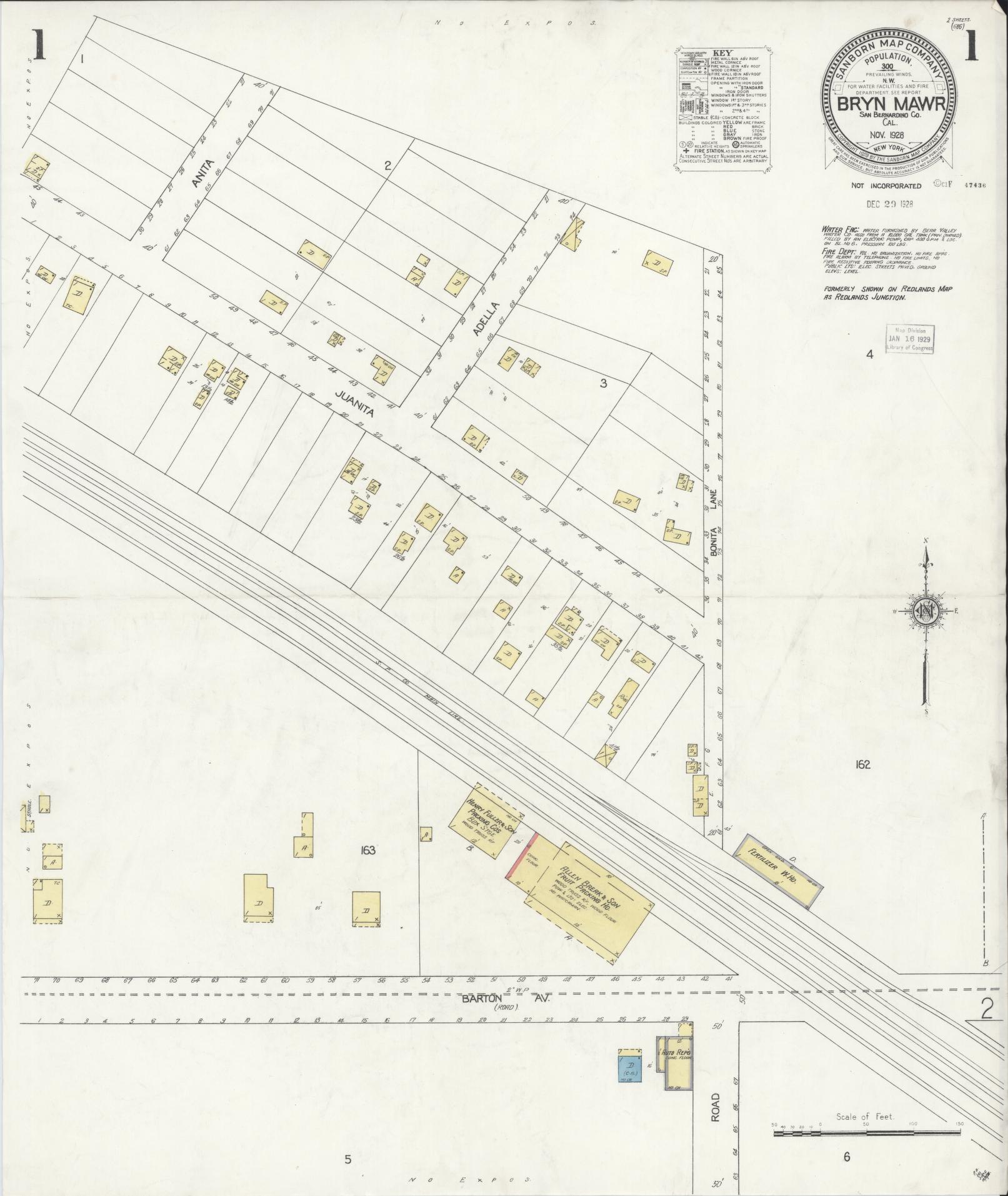 Sanborn Fire Insurance Map from Bryn Mawr, San Bernardino County, California (1928), Sheet #0001 - Historic Sanborn Fire Insurance Map Print, vintage old map wall art, antique decor, genealogy gift, California California map