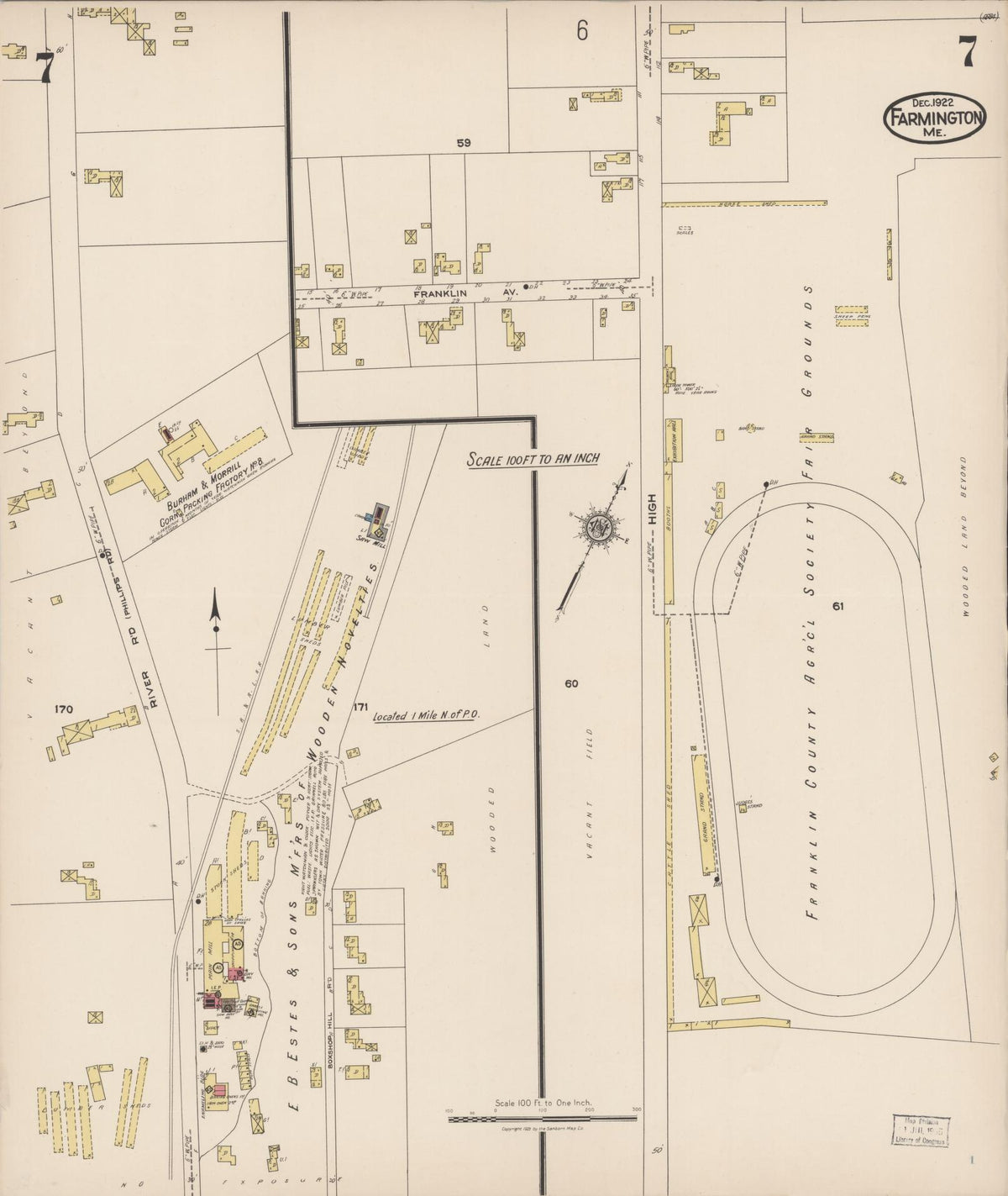 Sanborn Fire Insurance Map from Farmington, Franklin County, Maine (1922), Sheet #0007 - Historic Sanborn Fire Insurance Map Print, vintage old map wall art, antique decor, genealogy gift, Maine Maine map