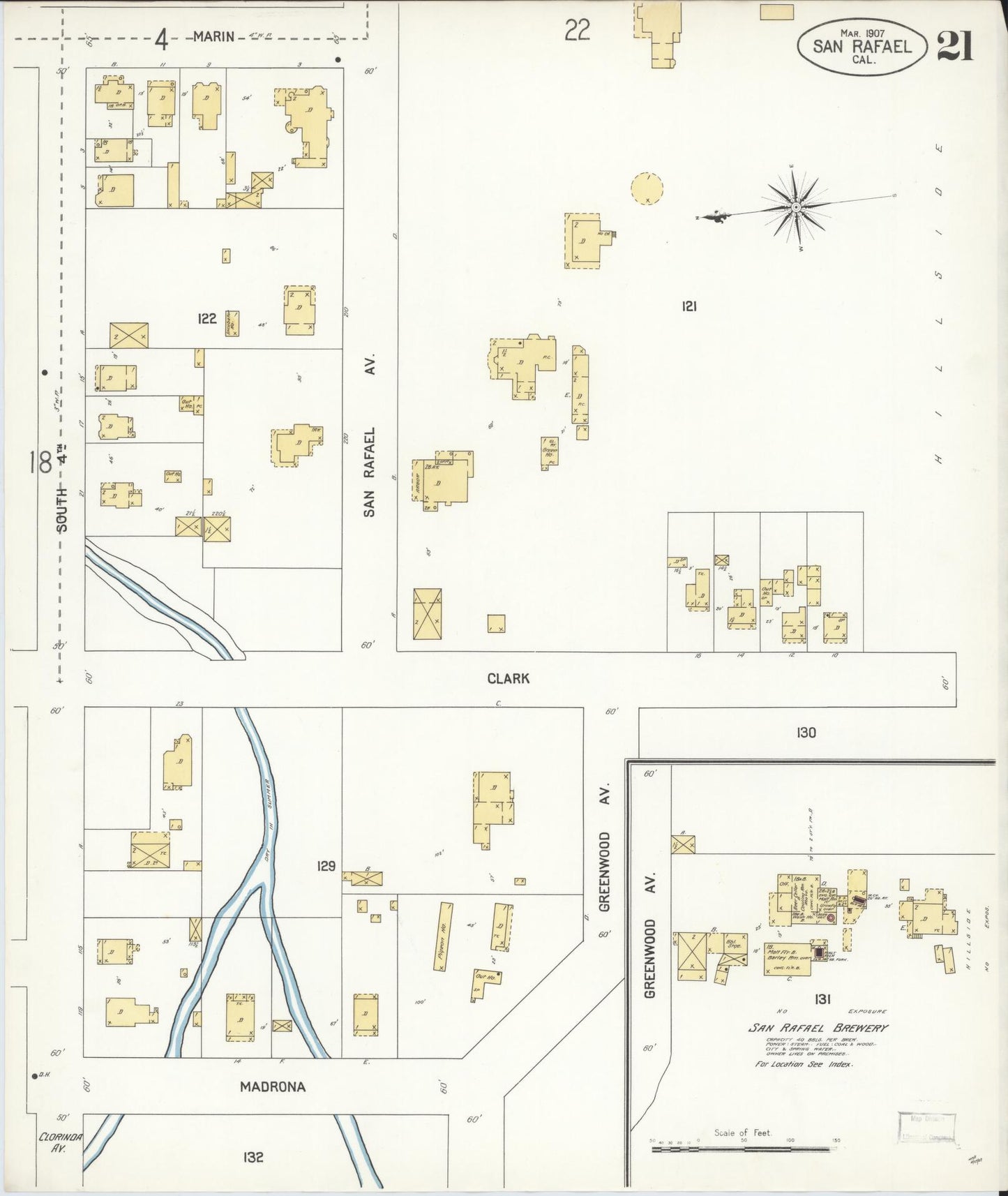 Sanborn Fire Insurance Map from San Rafael, Marin County, California (1907), Sheet #0021 - Complete Map Set gallery image, historic Sanborn map, vintage wall art, California California