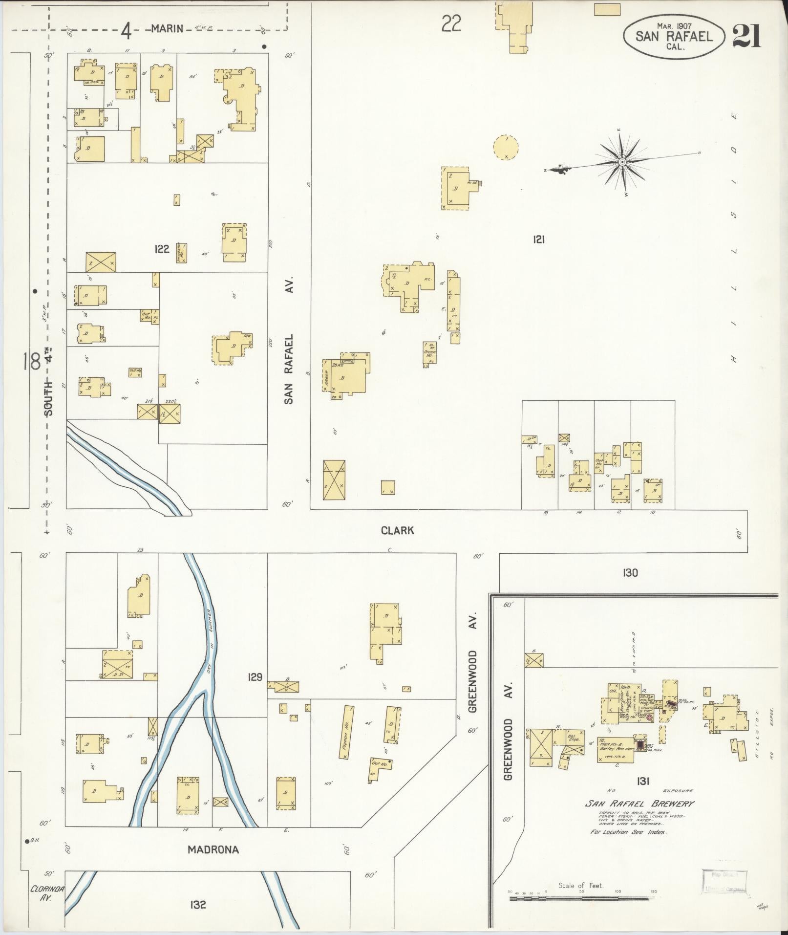Sanborn Fire Insurance Map from San Rafael, Marin County, California (1907), Sheet #0021 - Complete Map Set gallery image, historic Sanborn map, vintage wall art, California California