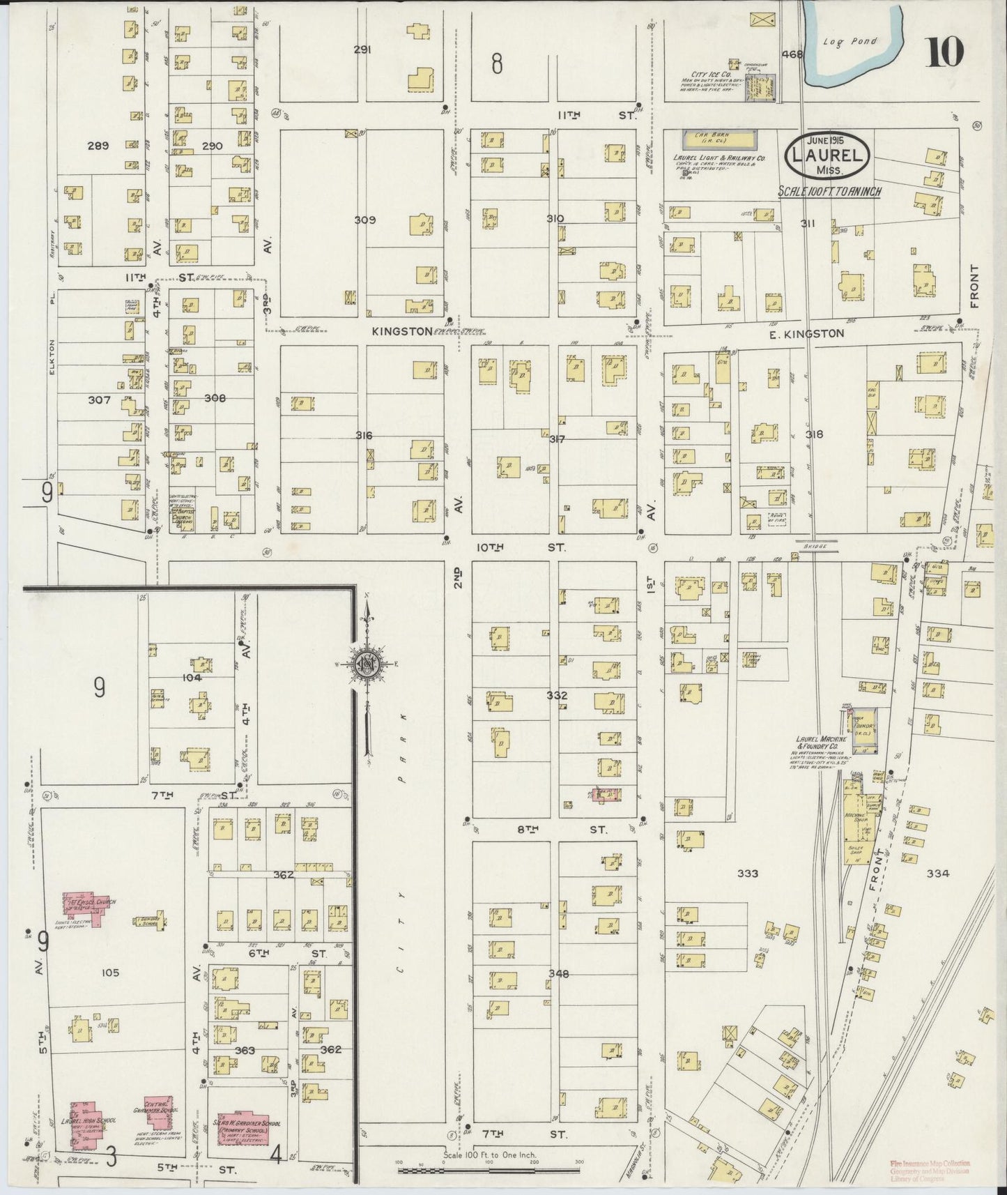Sanborn Fire Insurance Map from Laurel, Jones County, Mississippi (1915), Sheet #0010 - Historic Sanborn Fire Insurance Map Print, vintage old map wall art, antique decor, genealogy gift, Mississippi Mississippi map