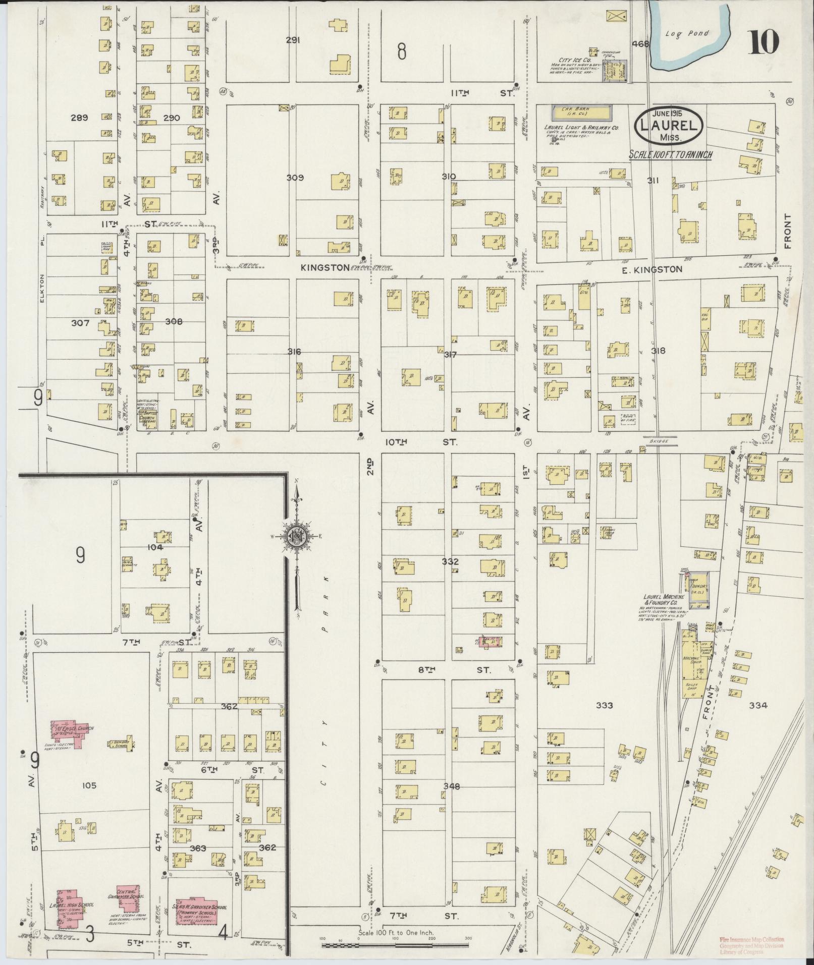 Sanborn Fire Insurance Map from Laurel, Jones County, Mississippi (1915), Sheet #0010 - Historic Sanborn Fire Insurance Map Print, vintage old map wall art, antique decor, genealogy gift, Mississippi Mississippi map