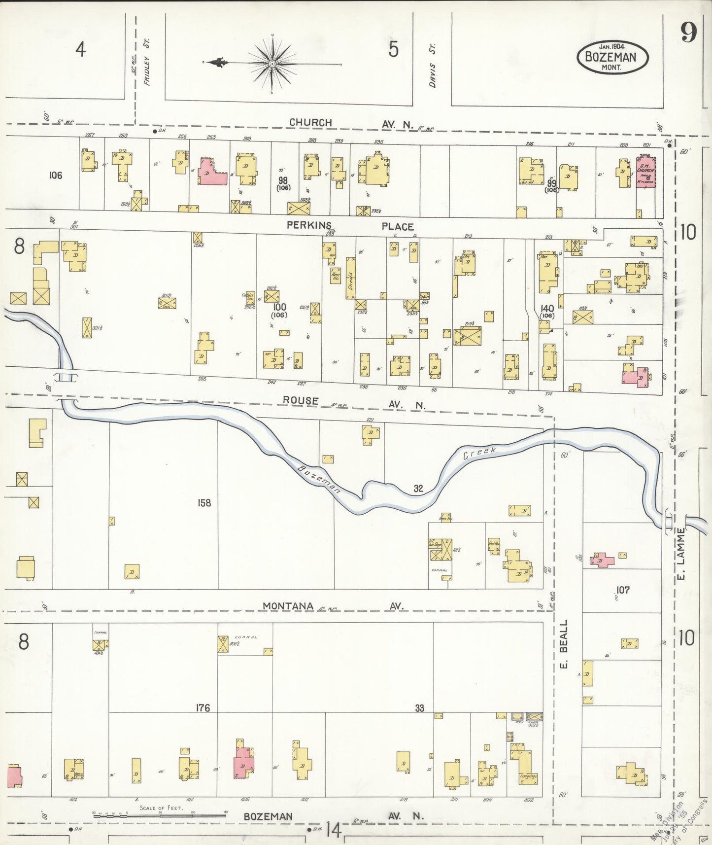Sanborn Fire Insurance Map from Bozeman, Gallatin County, Montana (1904), Sheet #0009 - Complete Map Set gallery image, historic Sanborn map, vintage wall art, Montana Montana