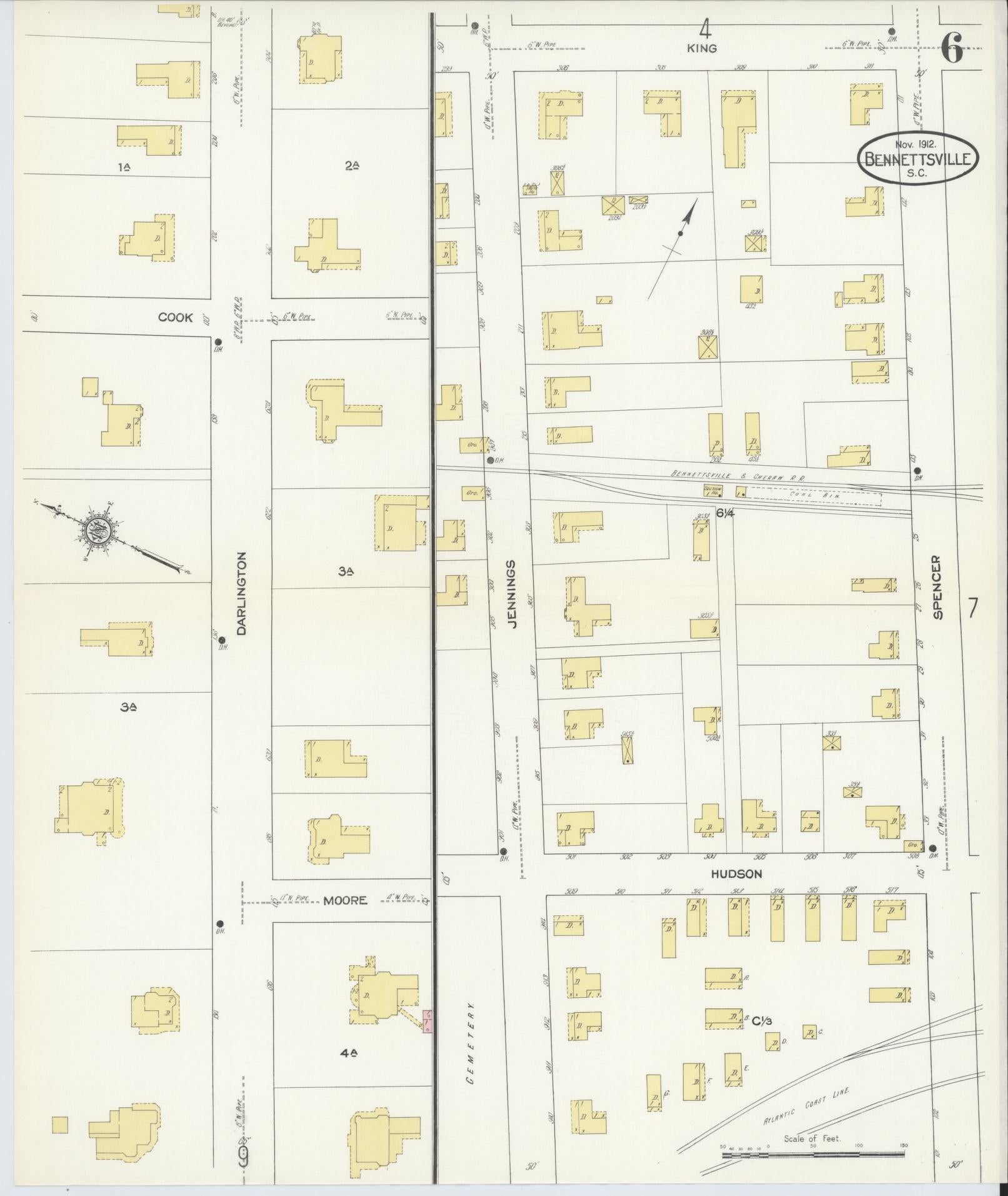 Sanborn Fire Insurance Map from Bennettsville, Marlboro County, South Carolina (1912), Sheet #0006 - Historic Sanborn Fire Insurance Map Print, vintage old map wall art, antique decor, genealogy gift, South Carolina South Carolina map