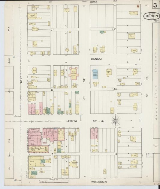 Sanborn Fire Insurance Map from Huron, Beadle County, South Dakota (1887), Sheet #0005 - Historic Sanborn Fire Insurance Map Print, vintage old map wall art, antique decor, genealogy gift, South Dakota South Dakota map